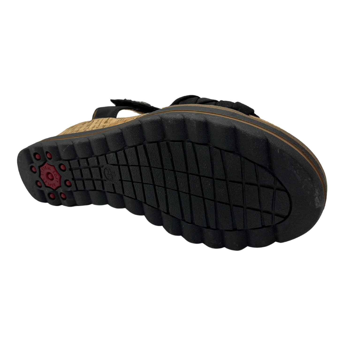 Bottom view of black strapped sandal with wedge heel