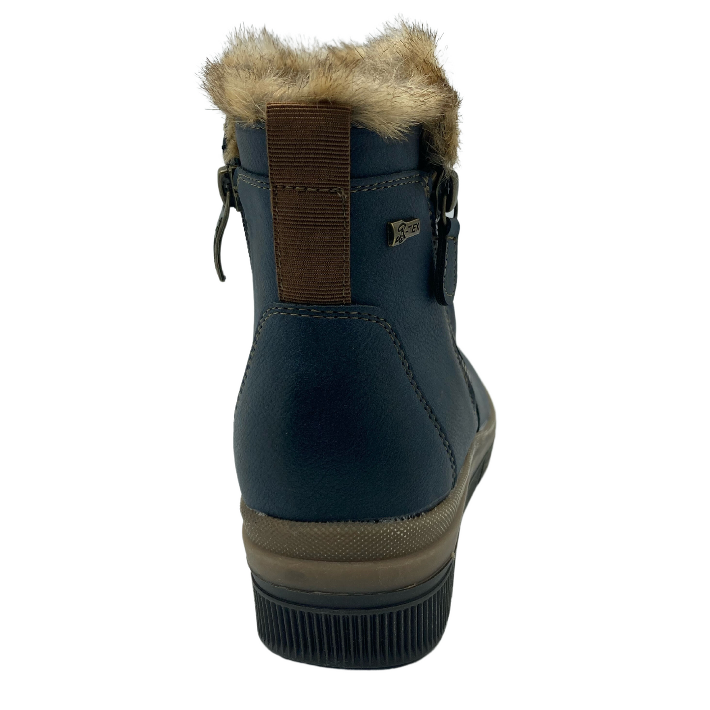 Back view of blue vegan leather bootie with wedge heel and faux fur lining