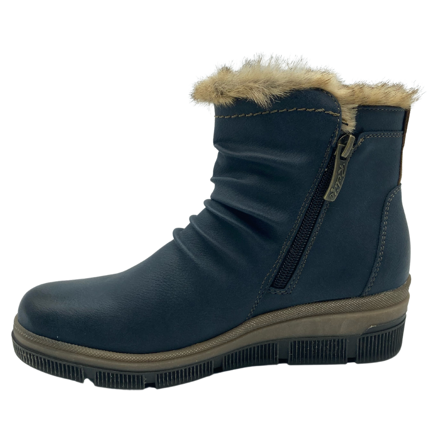 Left facing view of blue vegan leather bootie with side zipper closure and faux fur lining with rubber wedge sole
