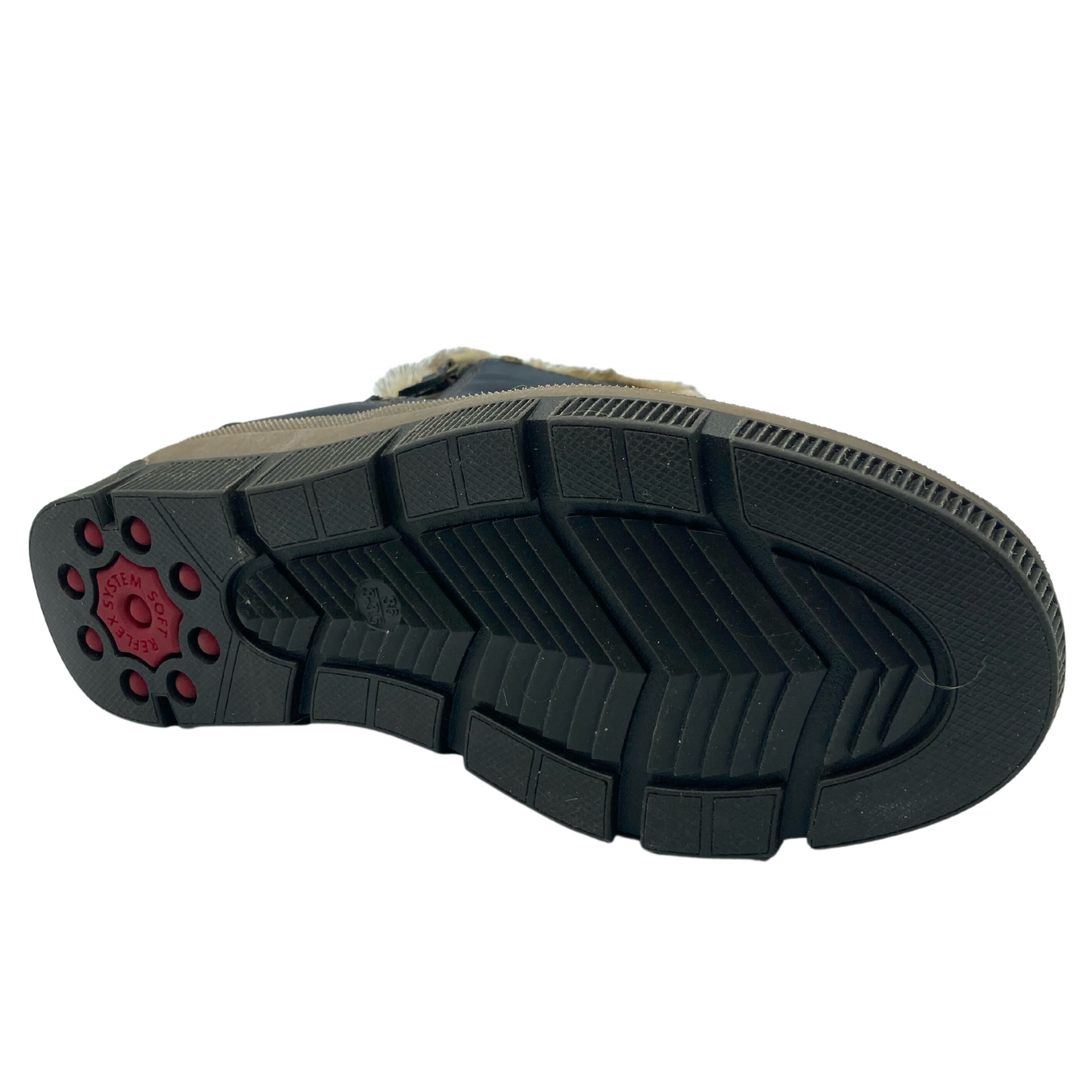 View of the bottom of blue ankle bootie with black rubber sole