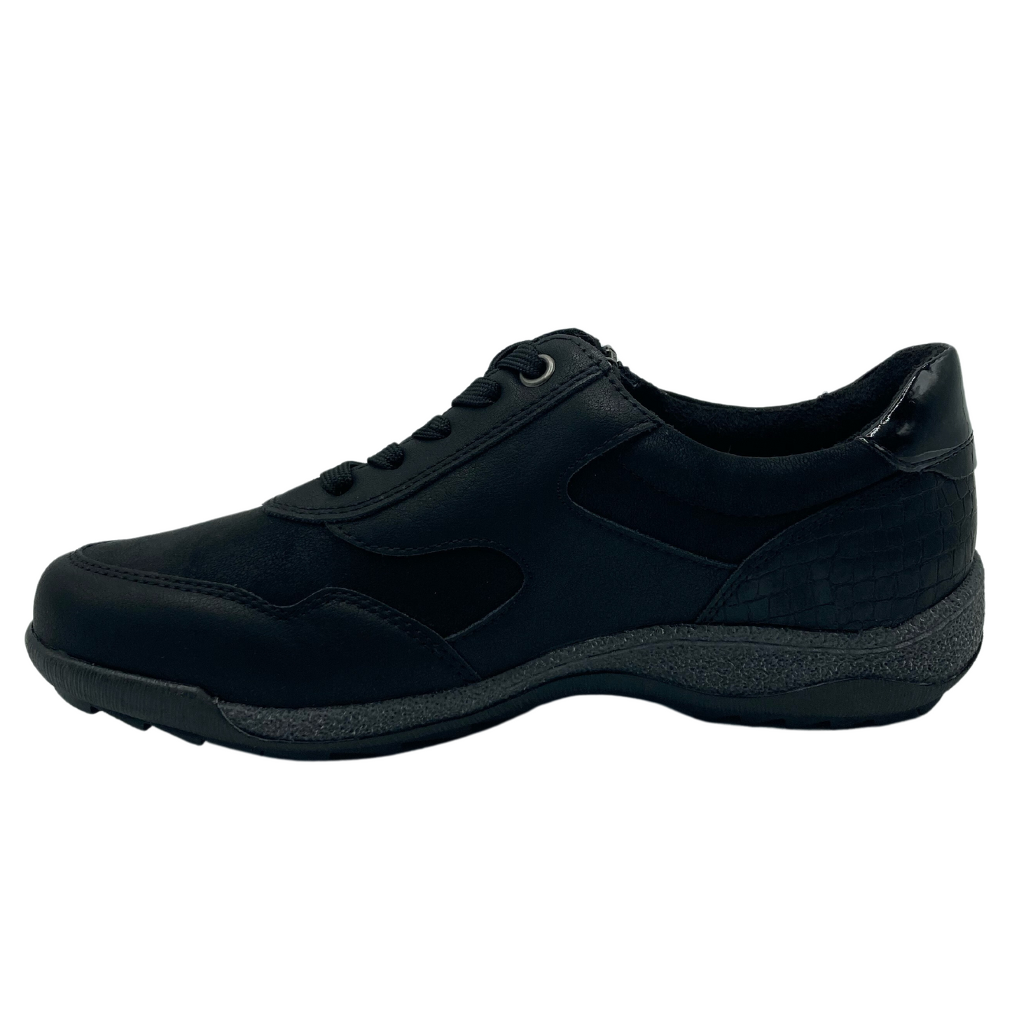 Left facing view of black vegan leather and suede sneaker with grey and black rubber outsole and black laces