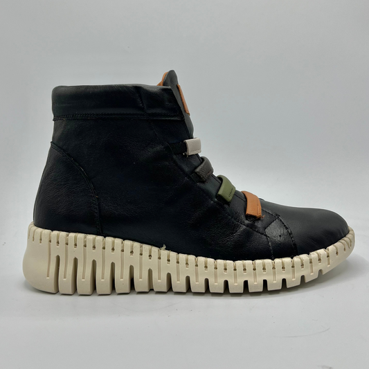 Black high-top sneaker with a textured white sole on a light gray background