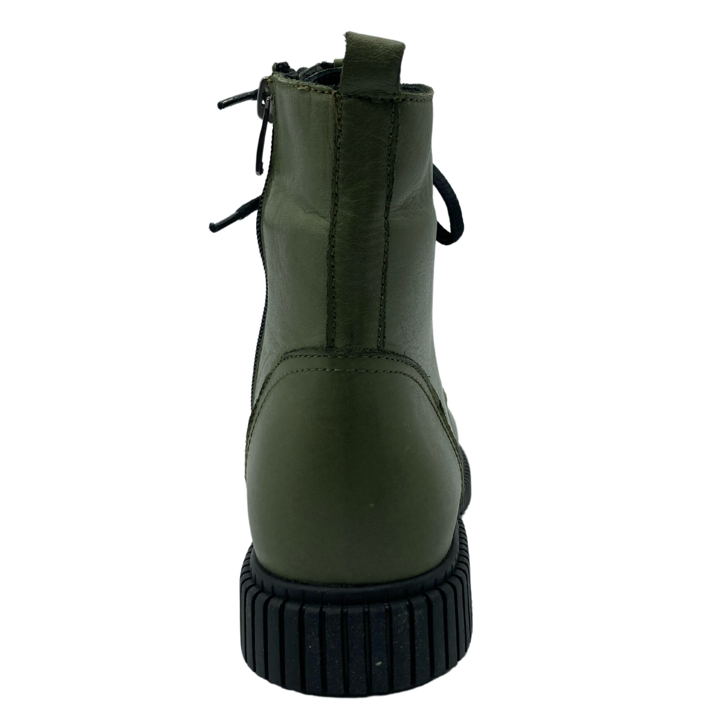 Back view of olive green leather boot with black rubber outsole and heel pull on tab