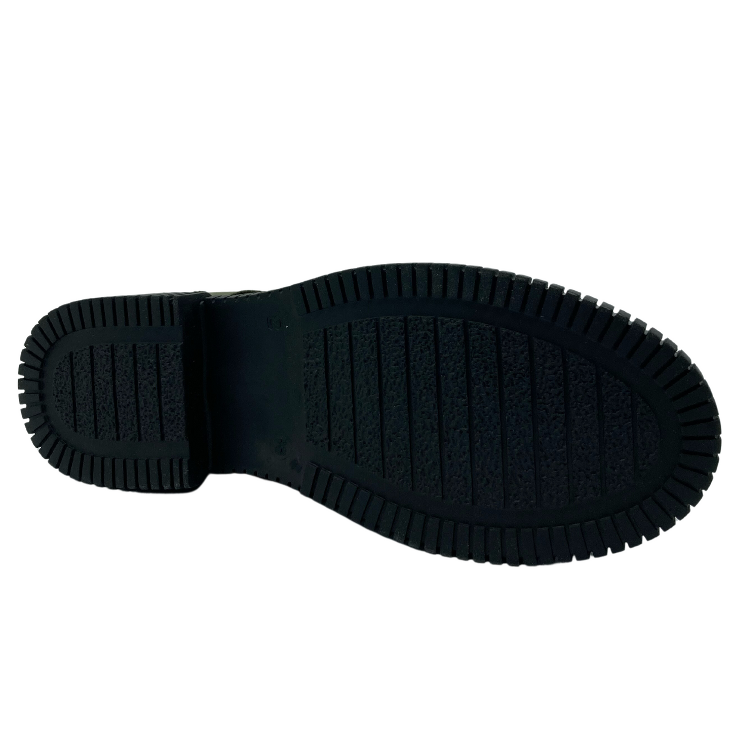 Bottom view of olive green boot with black rubber outsole