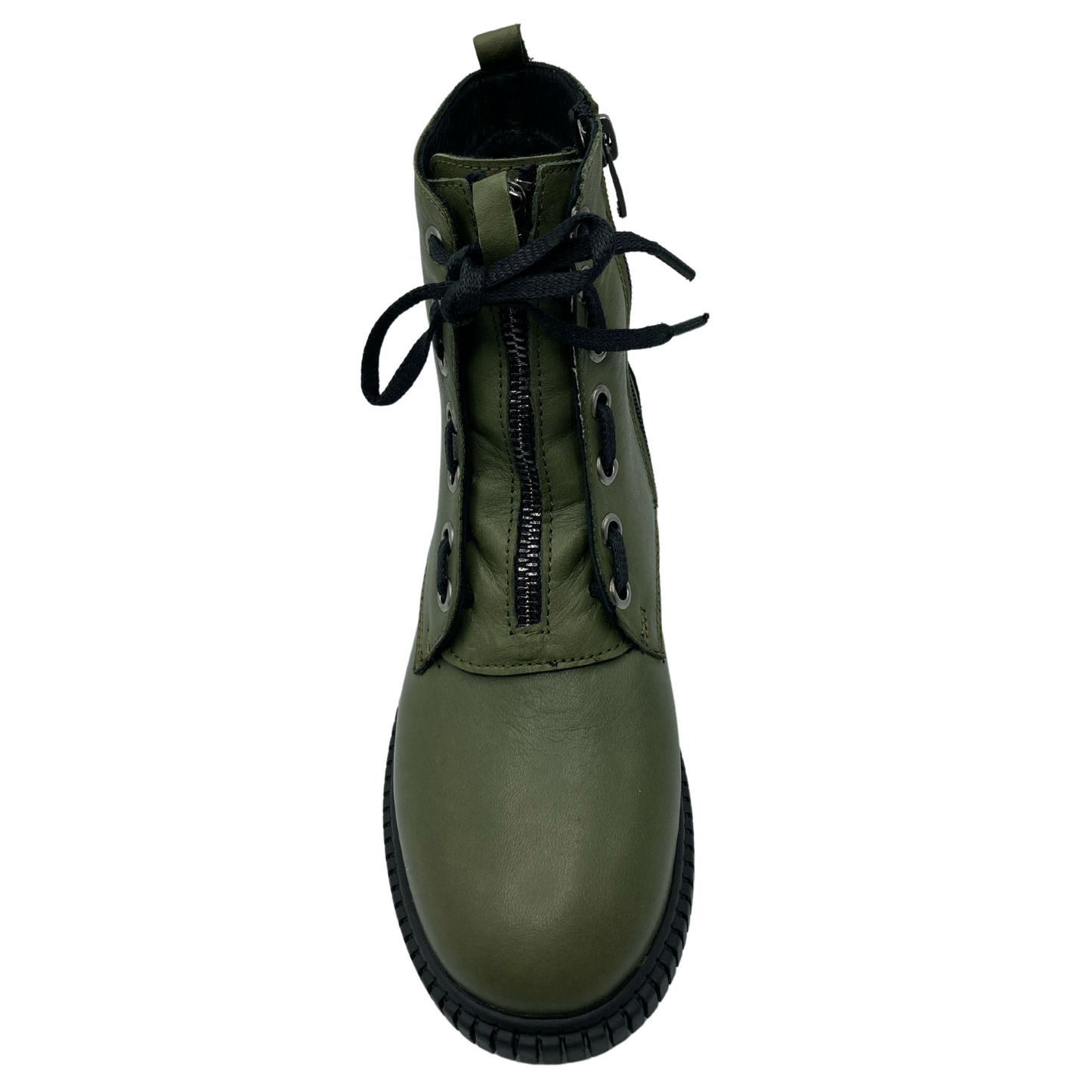Top view of olive green leather boot with front and side zipper closure