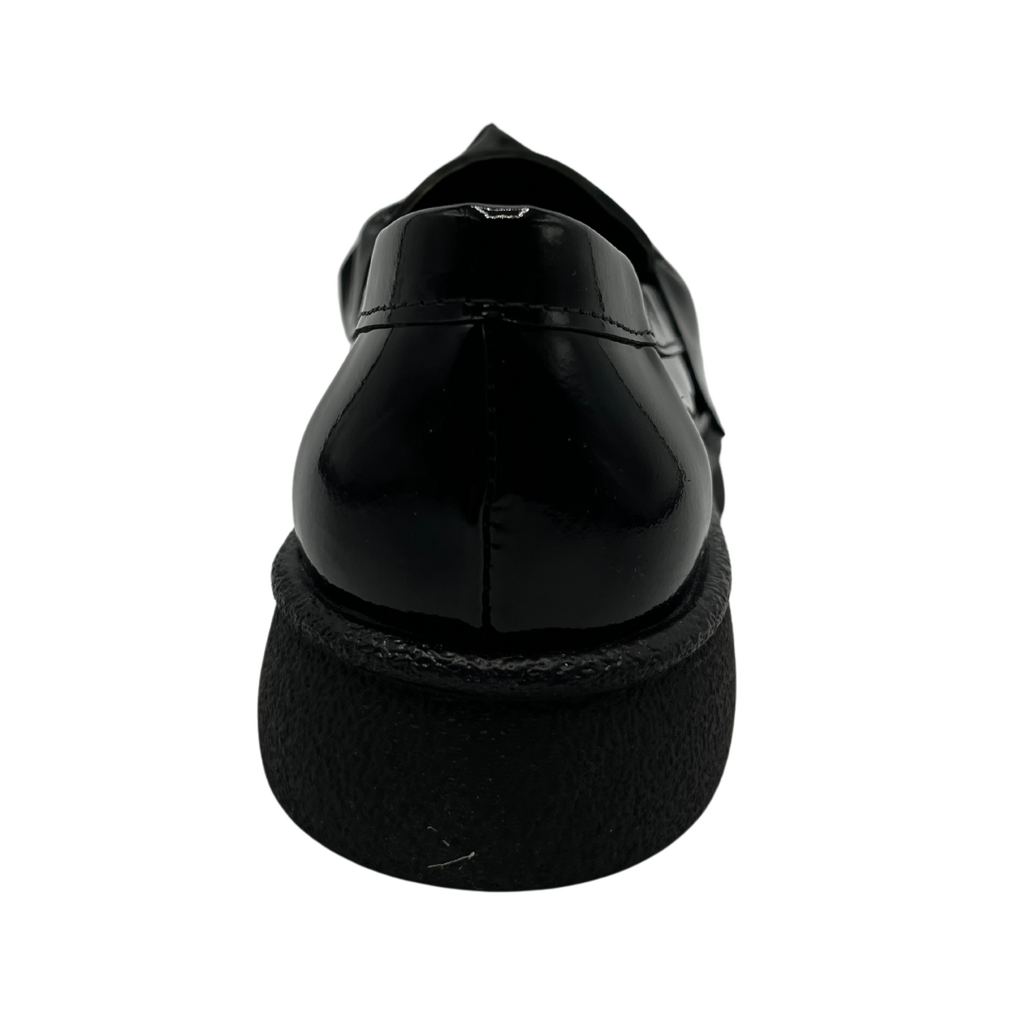 Back view of black patent leather loafer with knotted strap detail and black rubber outsole