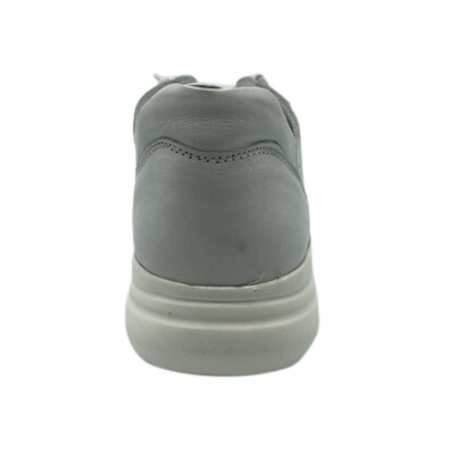 Heel view of sneaker with white leather upper and white rubber sole