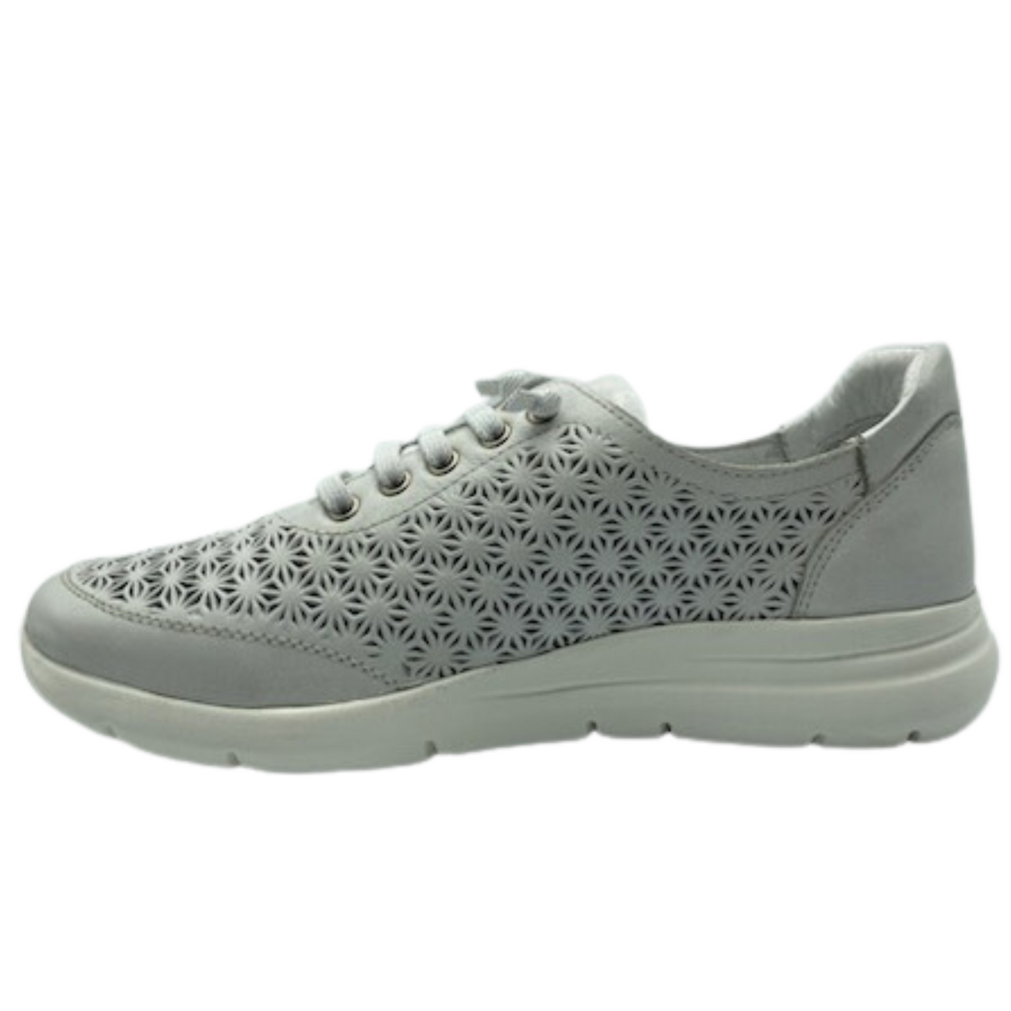 Side view of the right sneaker. White leather upper and white rubber sole.