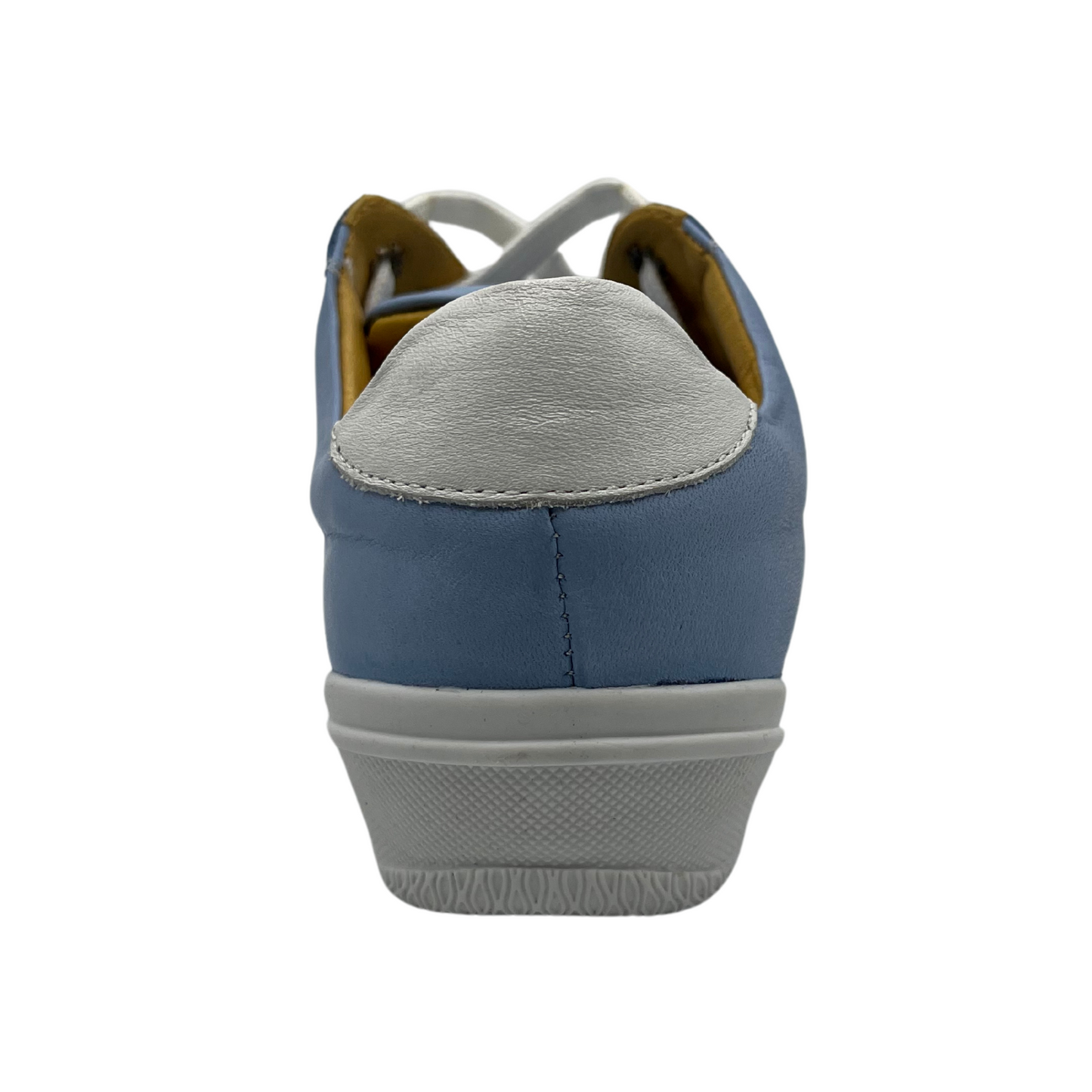 Back view of blue and white leather sneaker. It has tan leather lining and side zipper along laces. White rubber outsole and white leather toe cap.