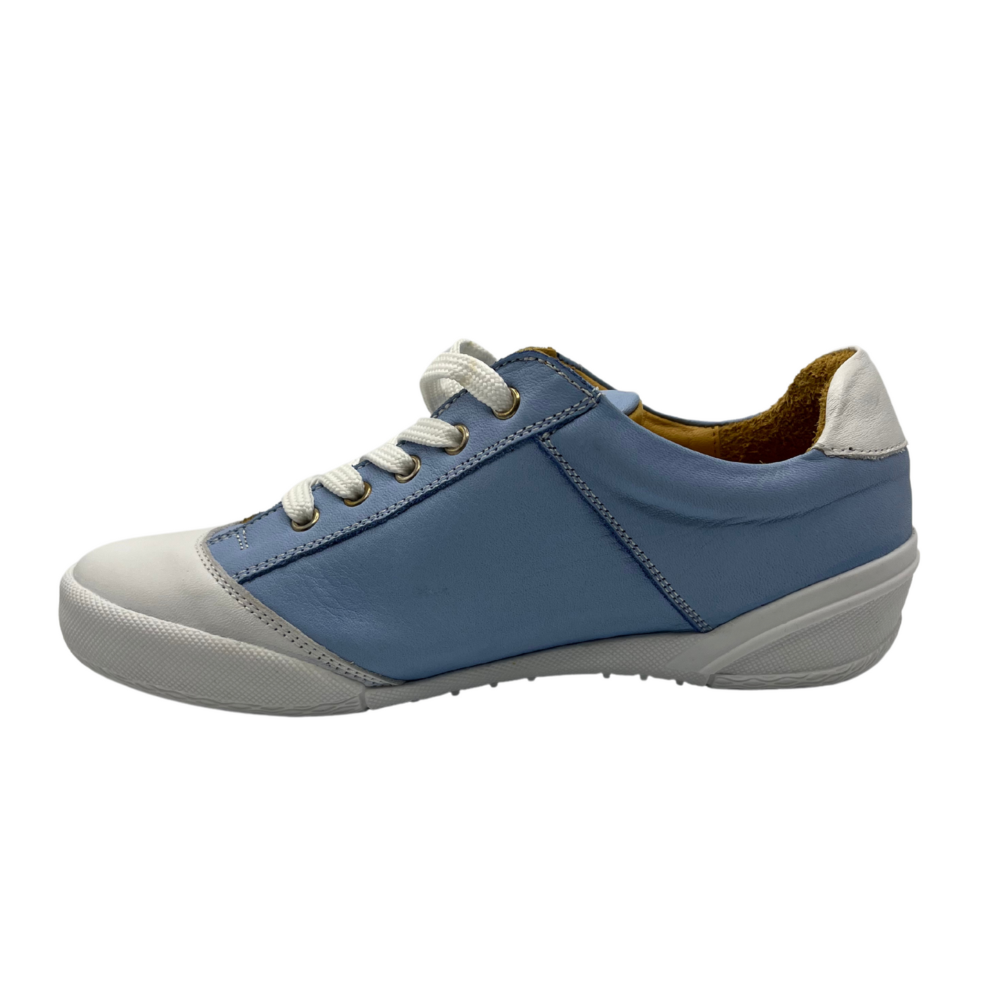 Left facing view of blue and white leather sneaker. It has tan leather lining and side zipper along laces. White rubber outsole and white leather toe cap.