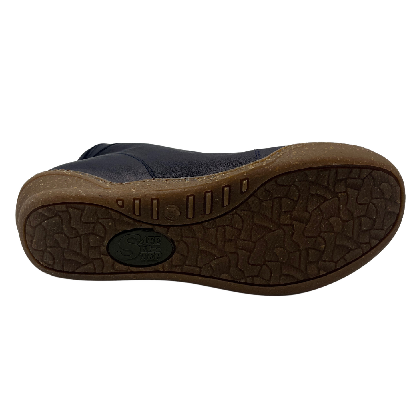 Bottom view of navy leather short boot with brown rubber outsole
