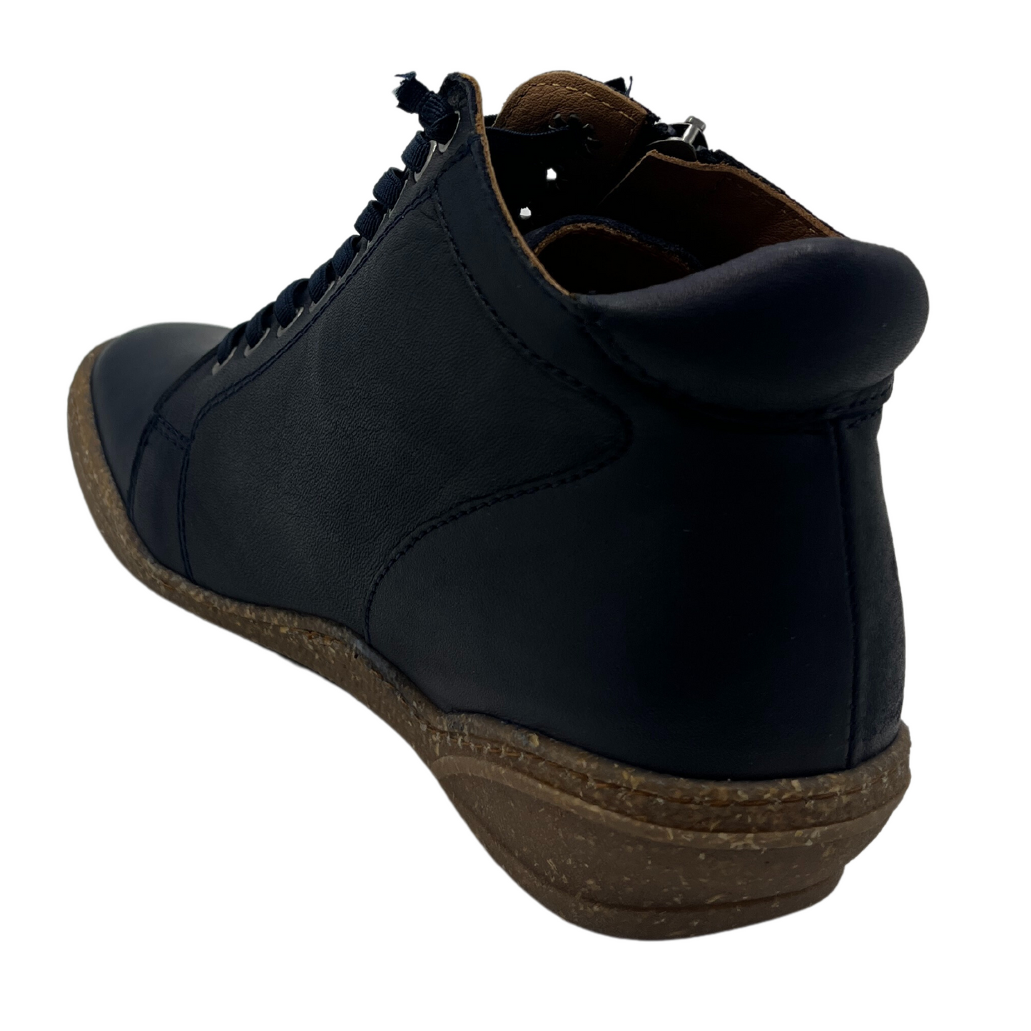 Back view of navy leather short boots with brown rubber outsoles and padded upper heel