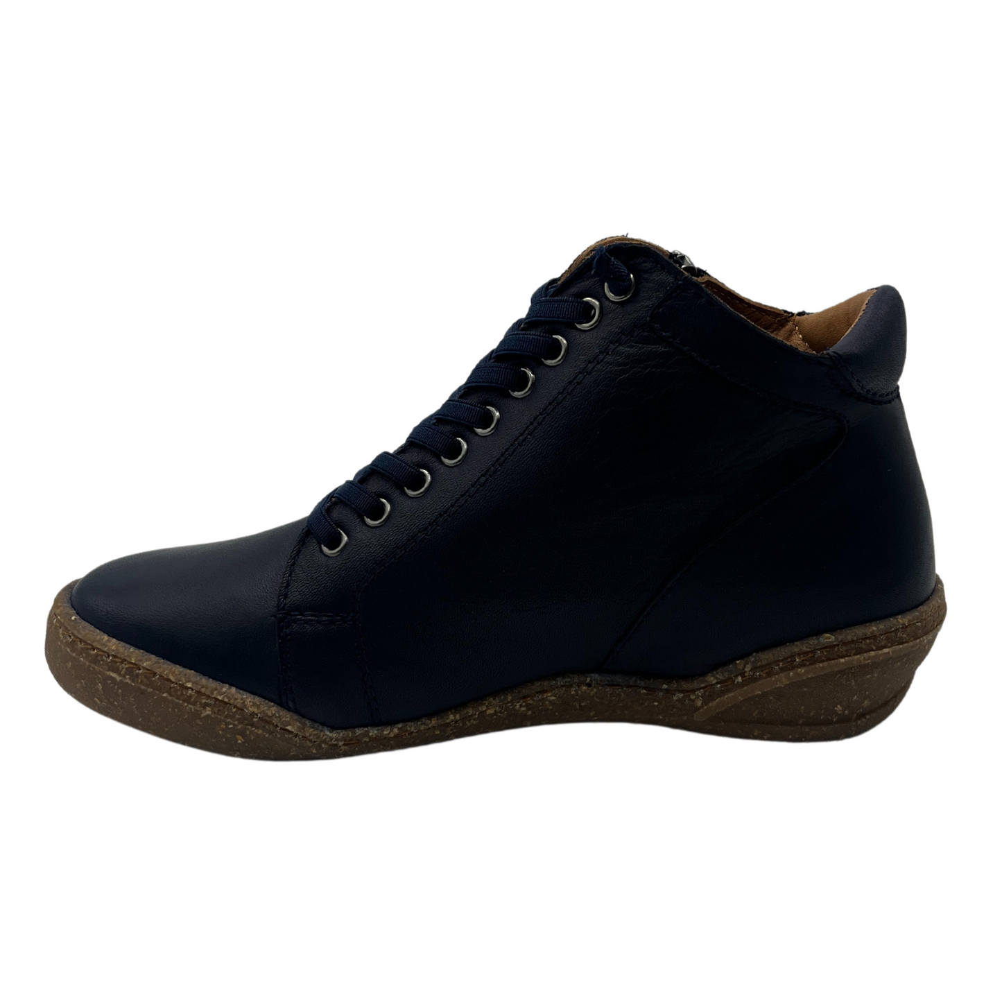 Left view of navy leather short boots with brown rubber outsoles and navy laces