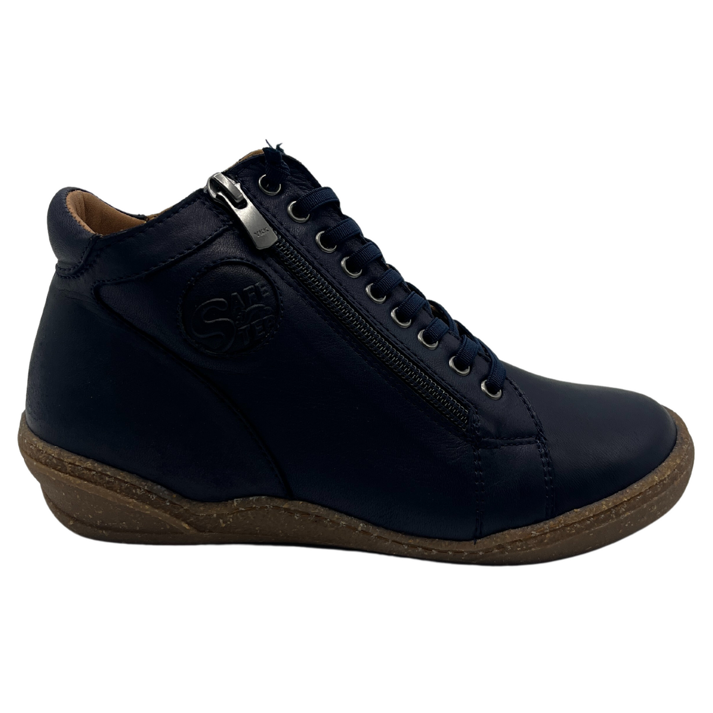 Right facing view of navy leather short boots with brown rubber outsoles, side zipper closure and navy laces