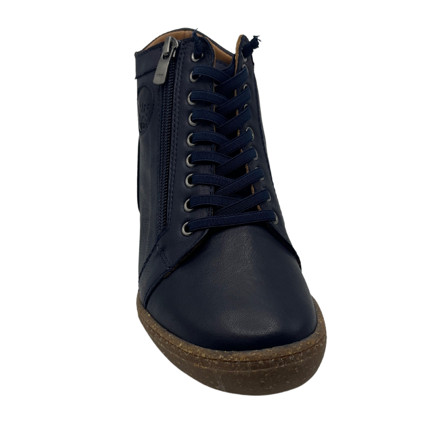 Top view of navy leather short boots with matching laces and side zipper closure