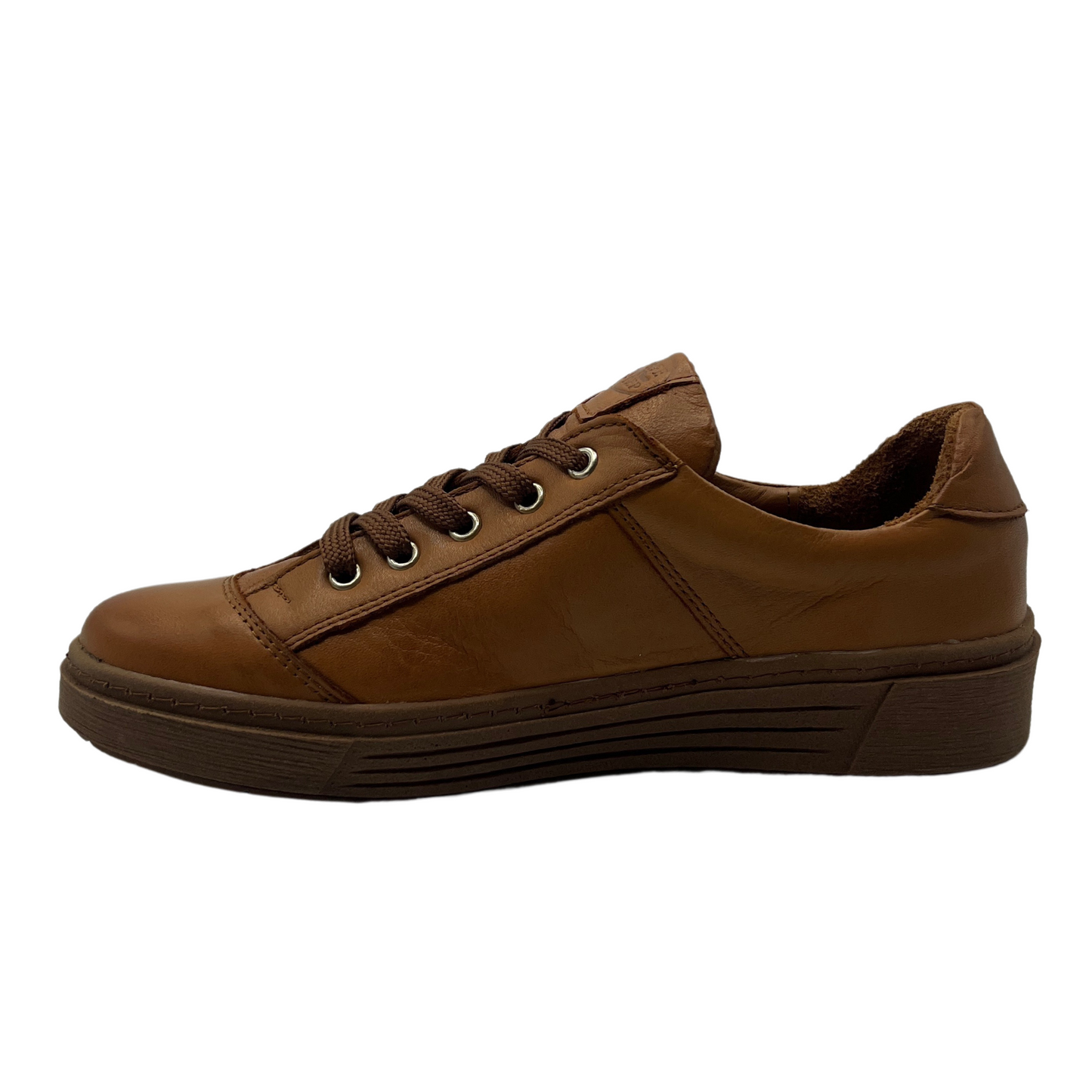 Left facing view of brown leather sneaker with rubber outsole and matching laces