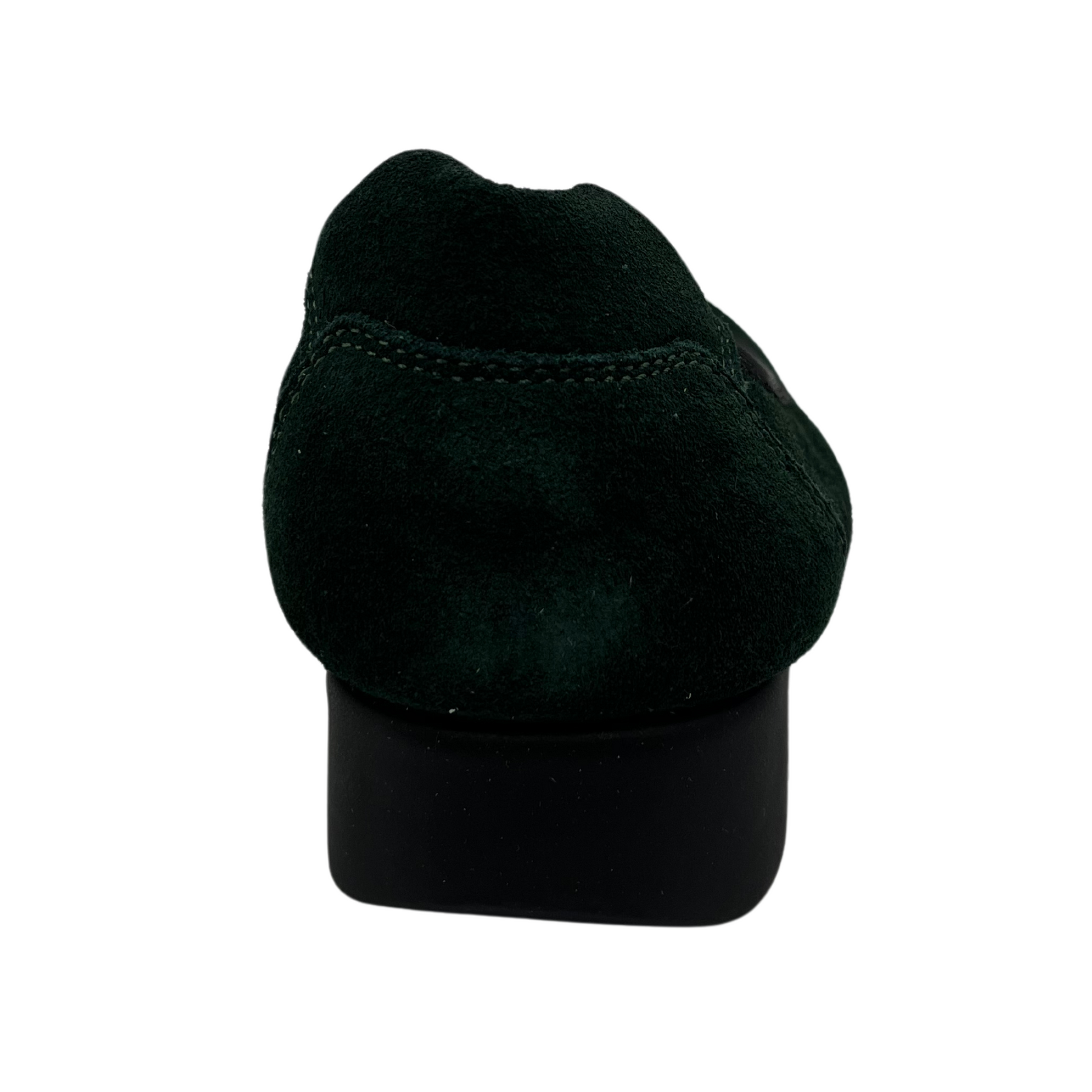 Back view of suede green low wedge shoe with rounded toe and black outsole