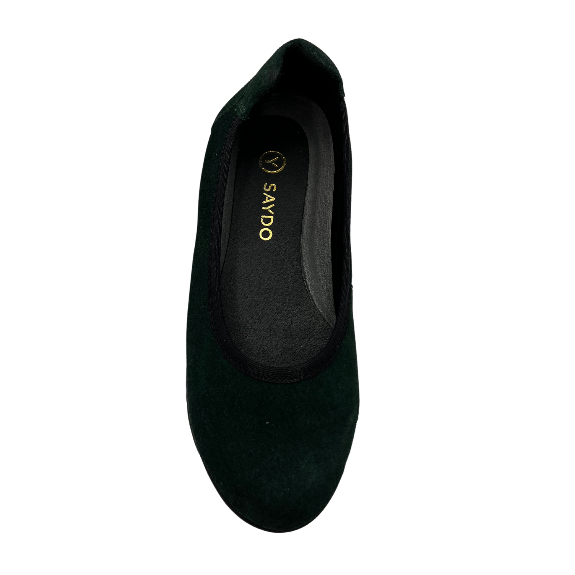 Top view of suede green low wedge shoe with rounded toe and black outsole