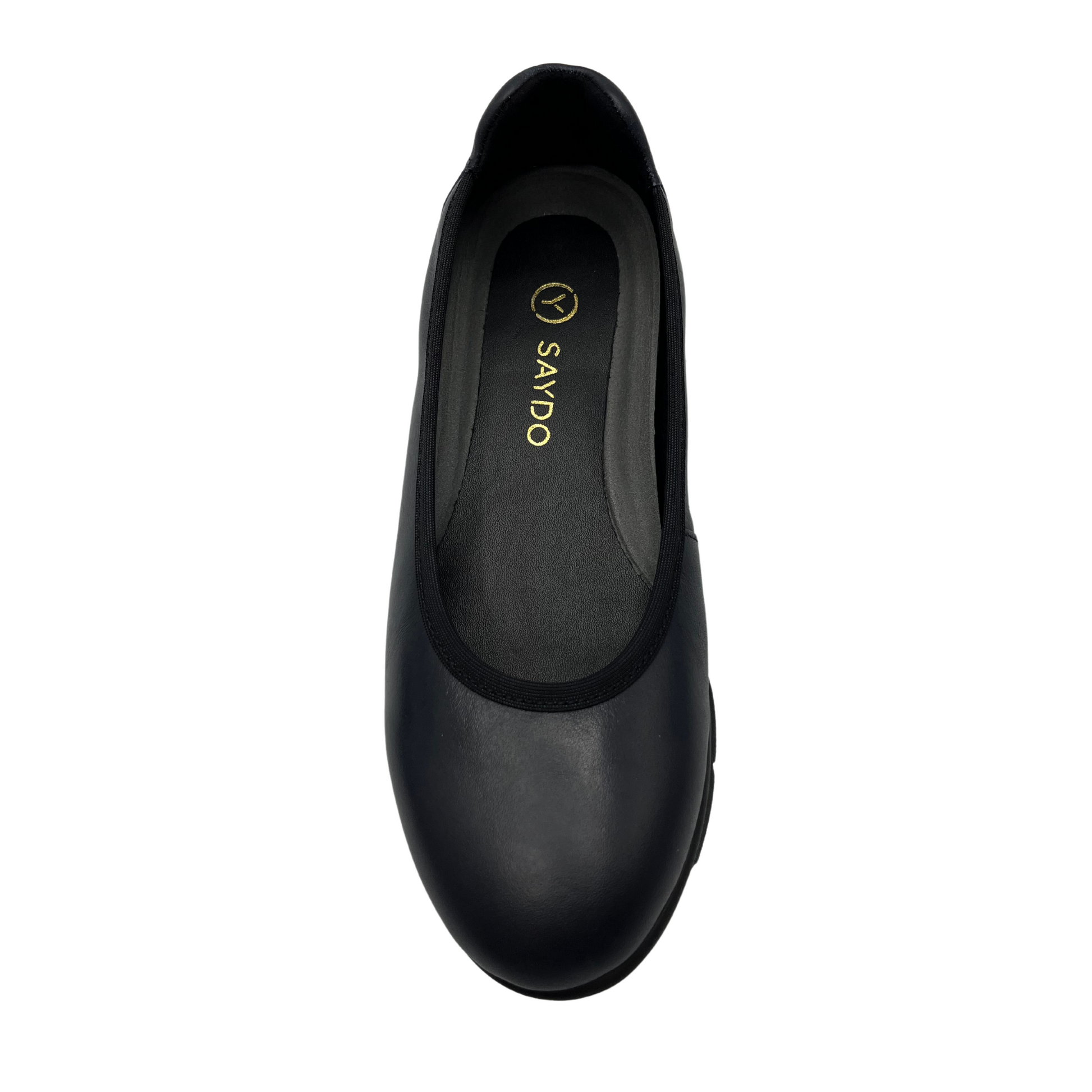 Top view of navy low wedge shoe with rounded toe and textile lining