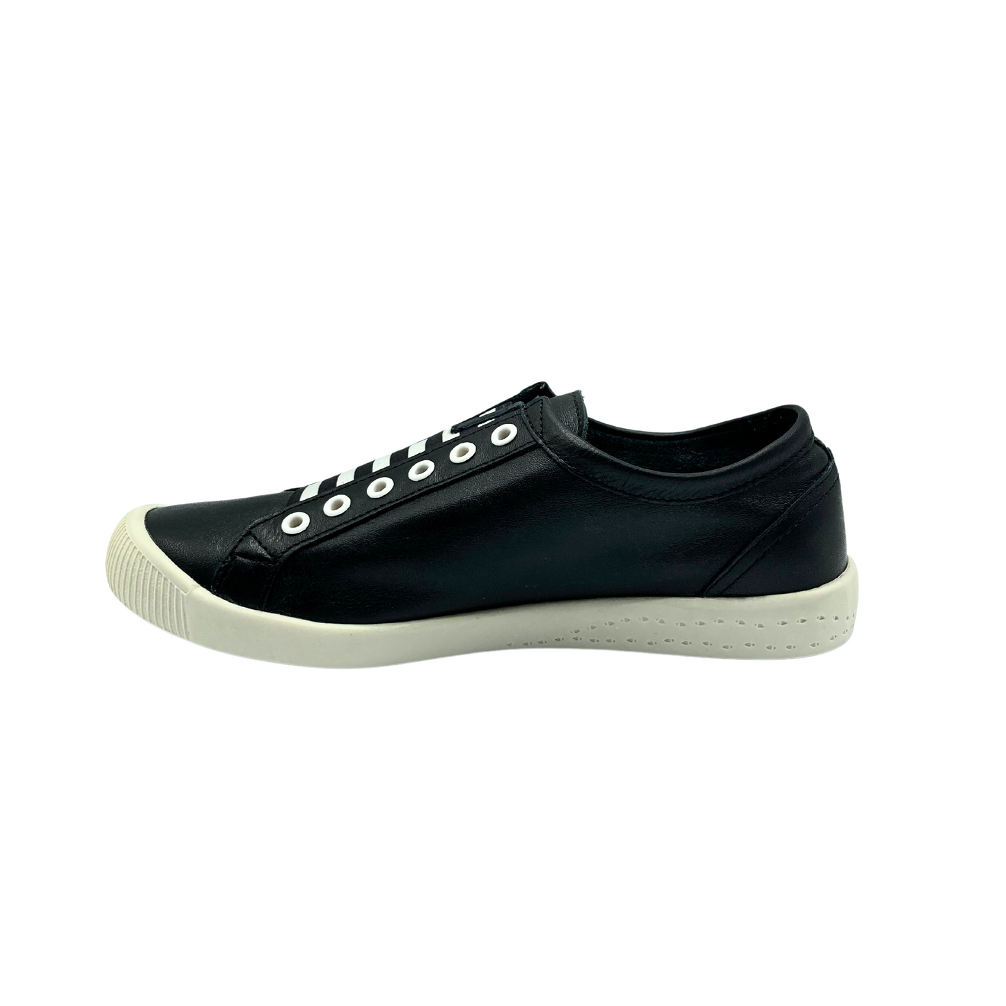 Inside view of black leather sneaker. Elastic laces down front and white grommets. White rubber sole