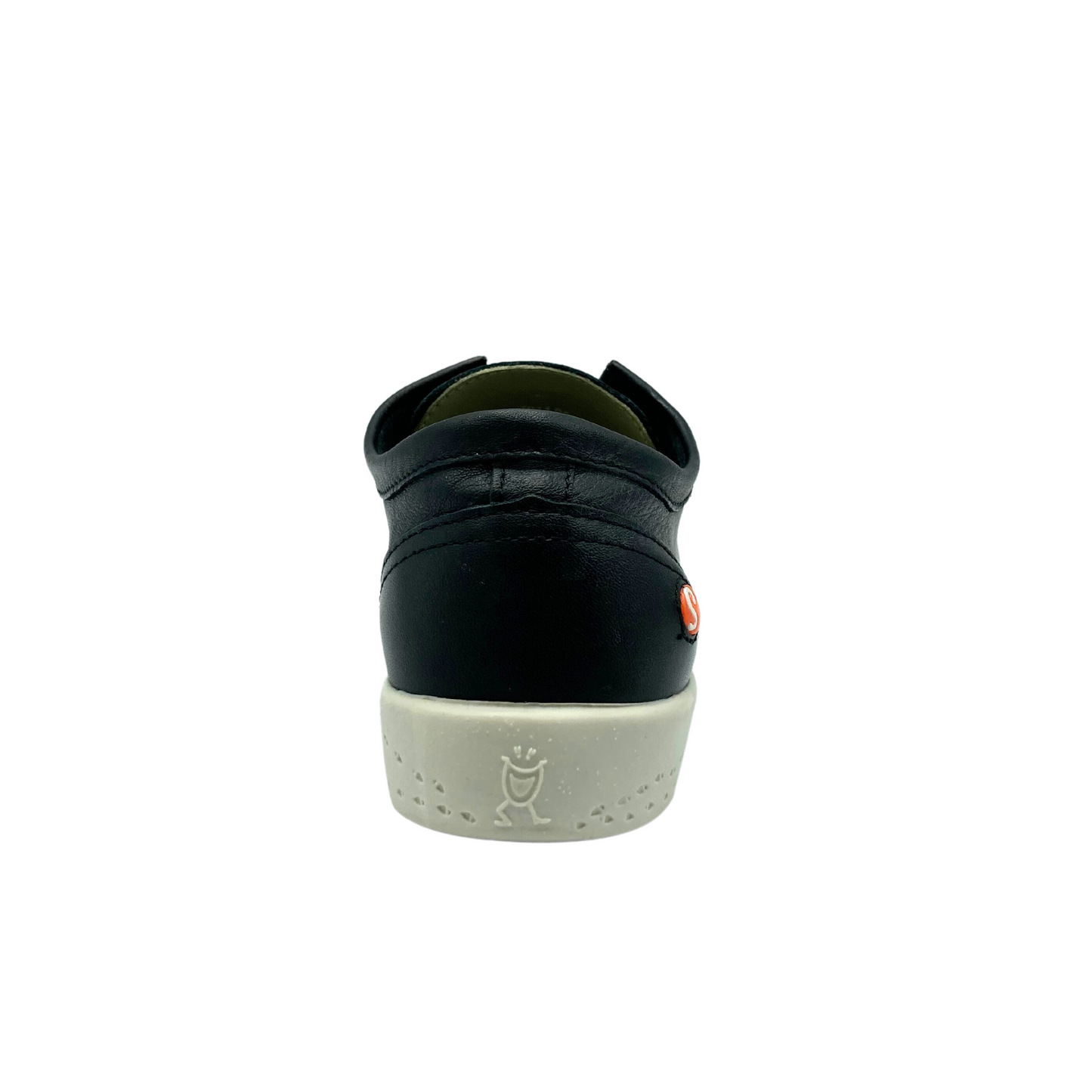 Rear view of black leather sneaker. White rubber sole