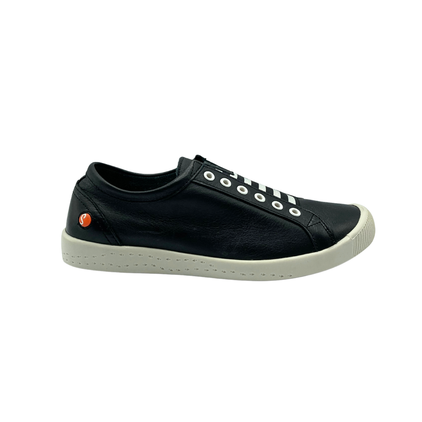 Outside view of black leather slip on sneaker. White elastic laces and grommets in front. Rubber sole