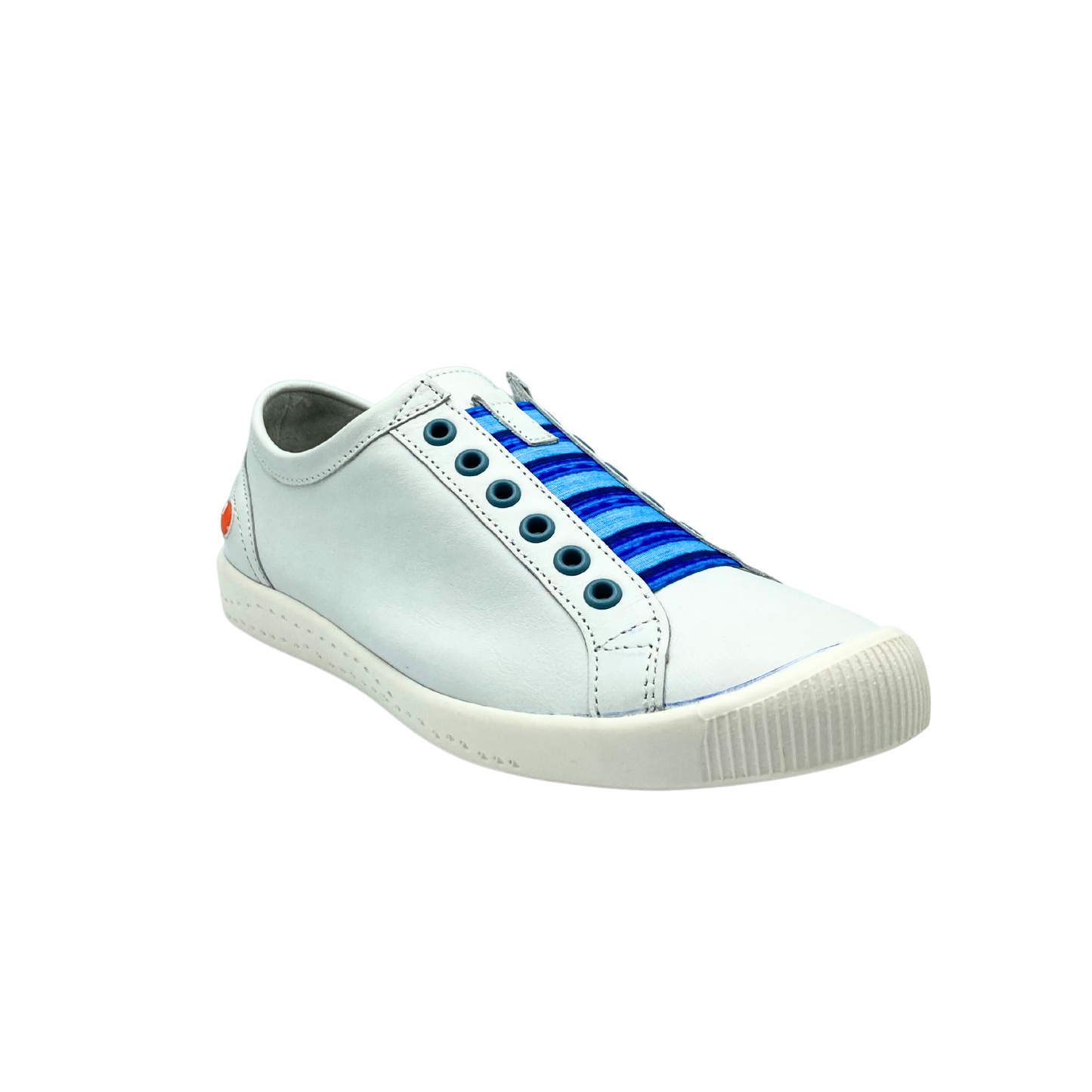 Angled front view of a white leather sneaker. Slip on stle with elastic laces across the top.
