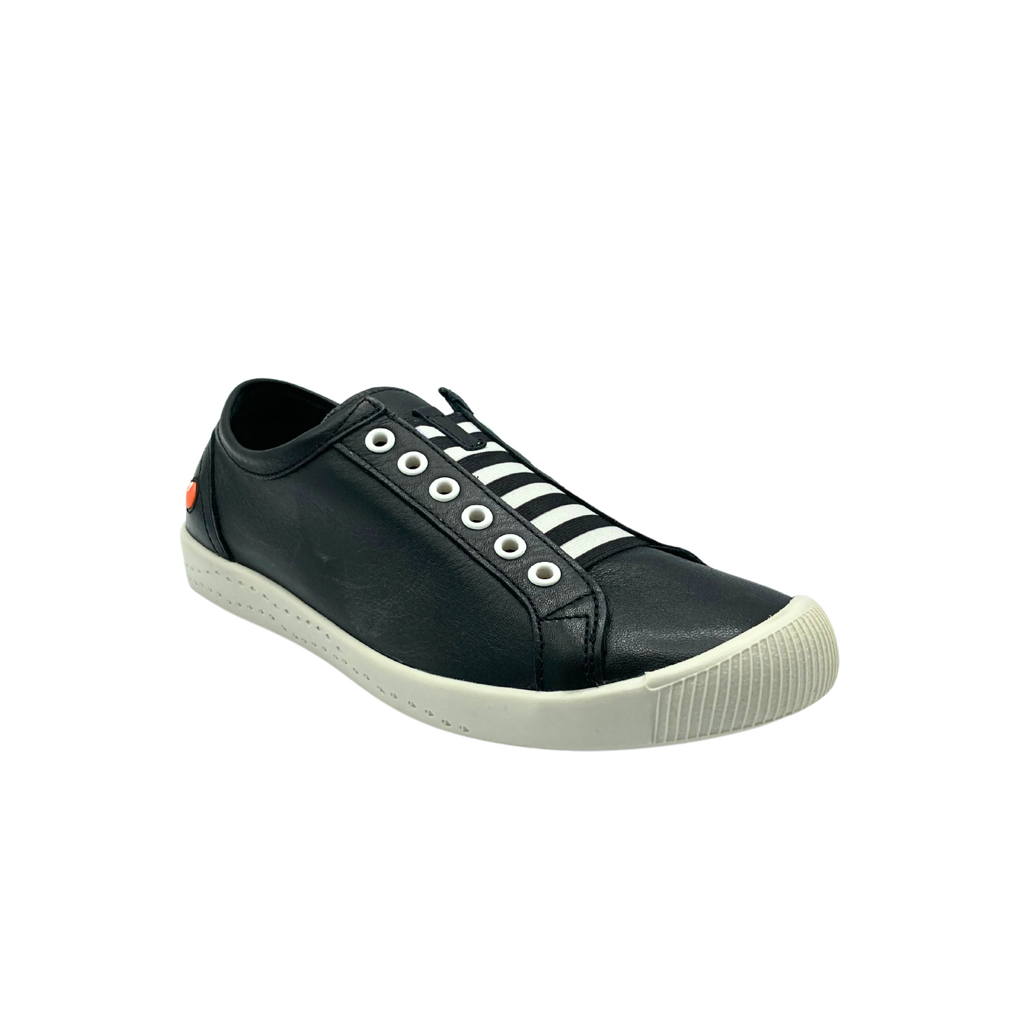 Angled side view of a black leather sneaker. Slip on style with white elastic laces and white grommets.