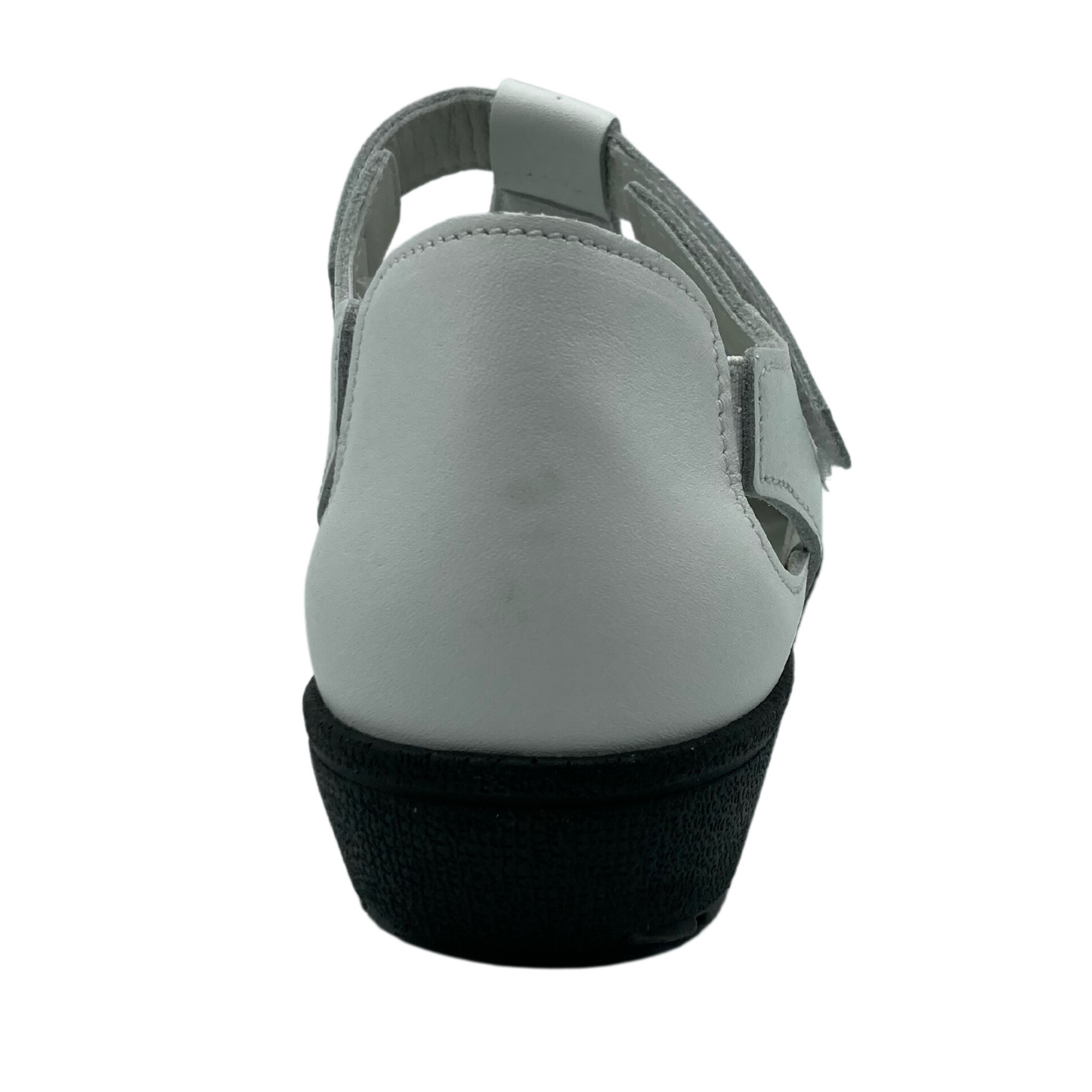 Heel view of leather shoe with black rubber 3cm heel