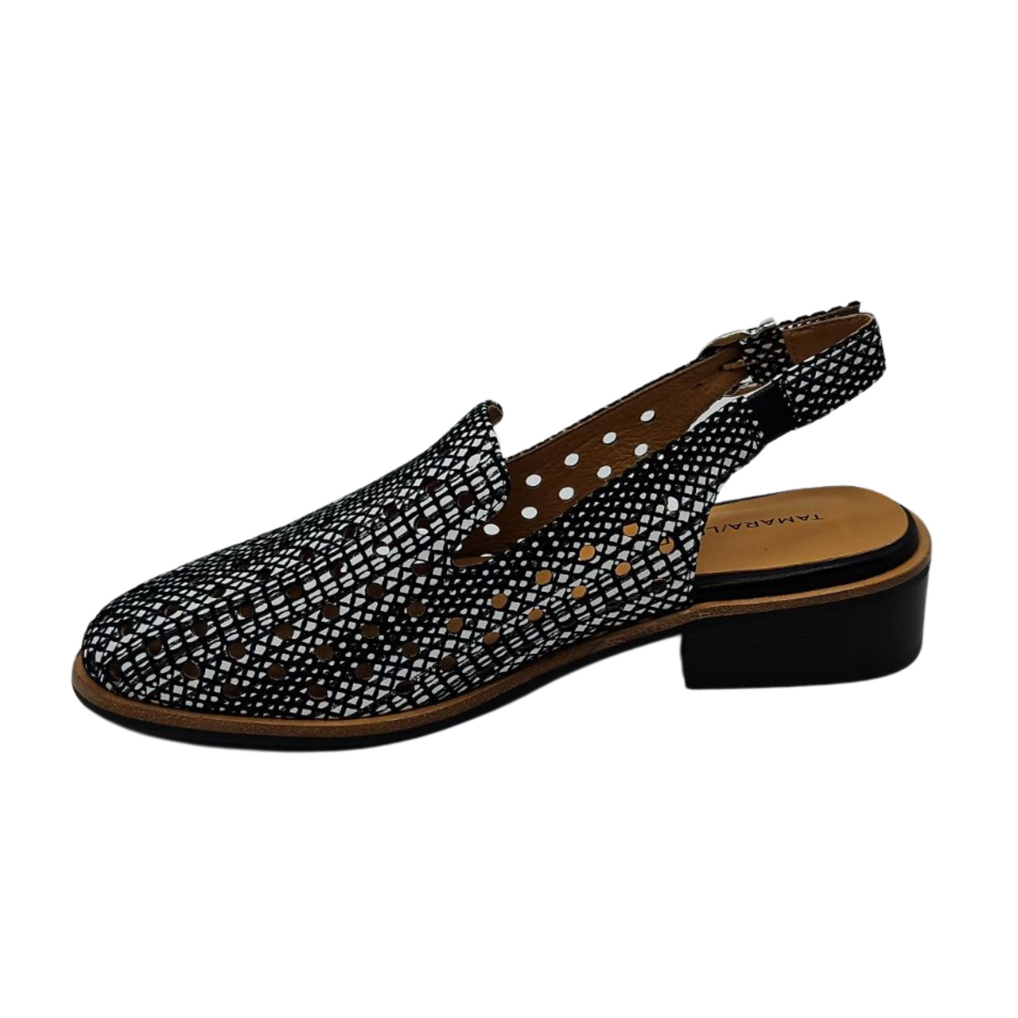 Left facing view of perforated leather shoe with slingback strap, low heel and rounded toe