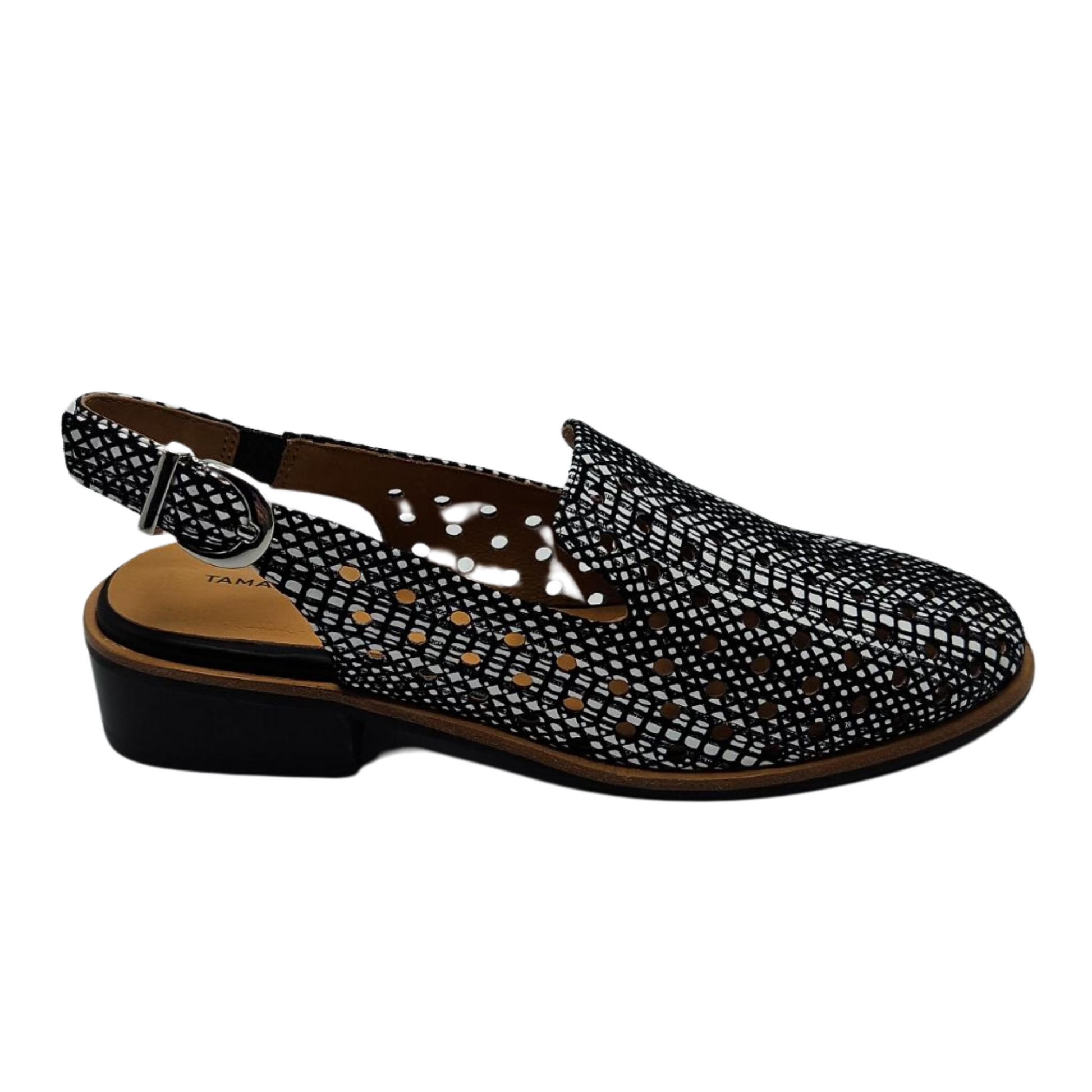 Right facing view of perforated leather shoe with slingback strap, low heel and rounded toe