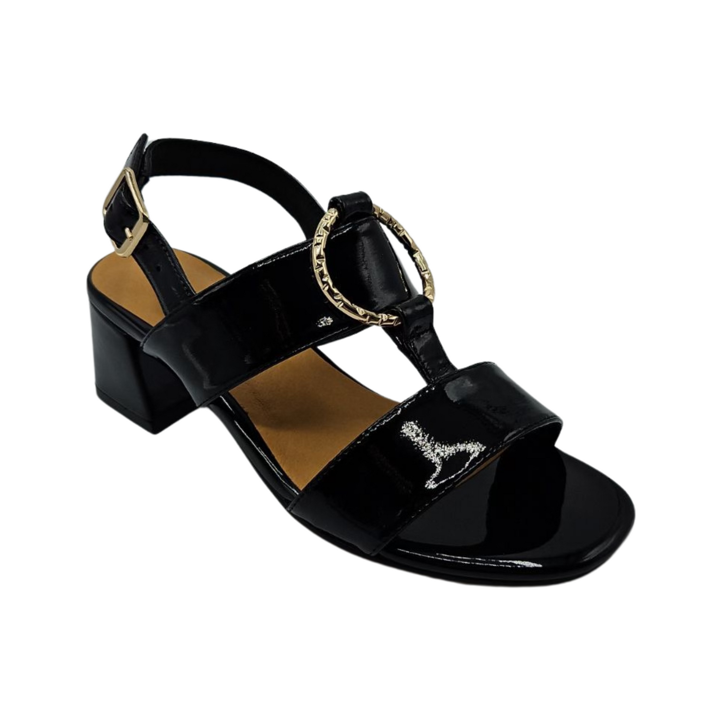 45 degree angled view of black patent leather sandal with wrapped block heel, adjustable sling back strap and gold details,