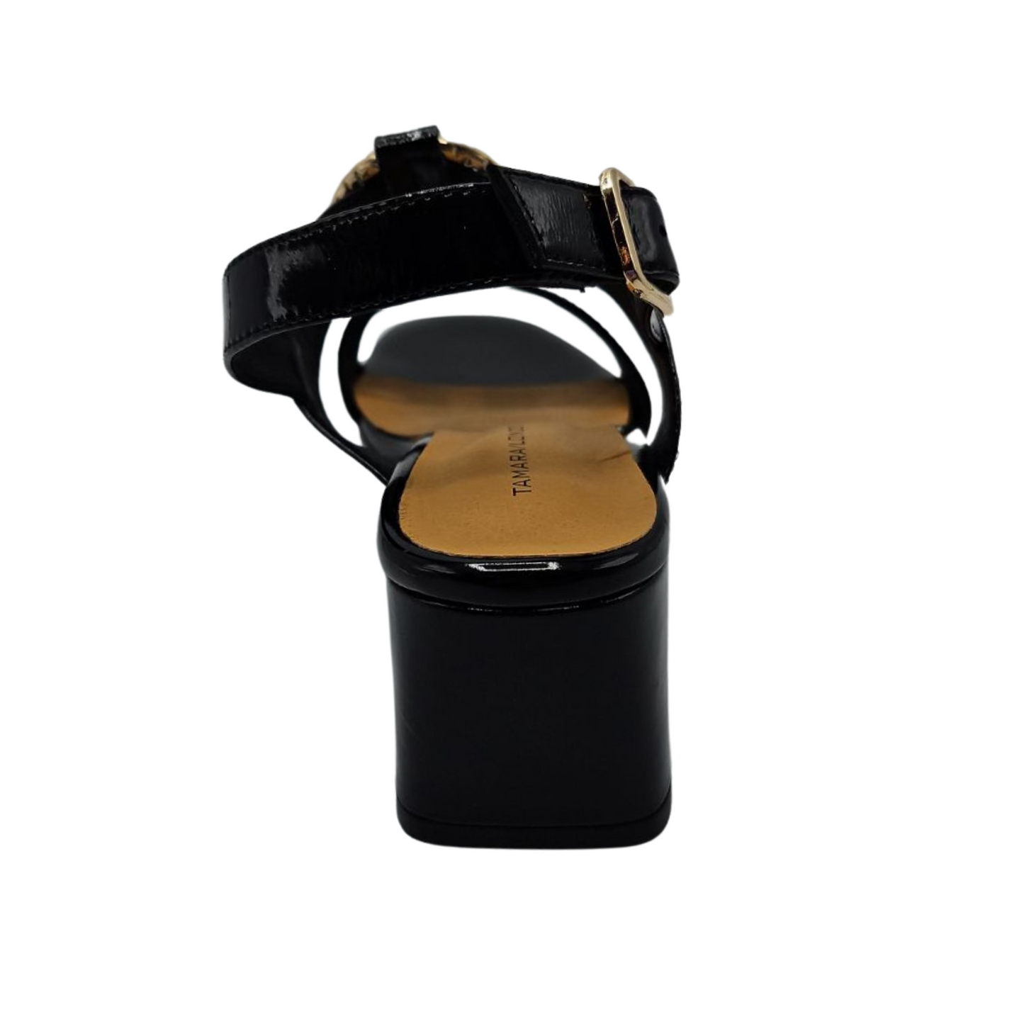 Back view of black patent leather sandal with wrapped block heel, adjustable sling back strap and gold details,