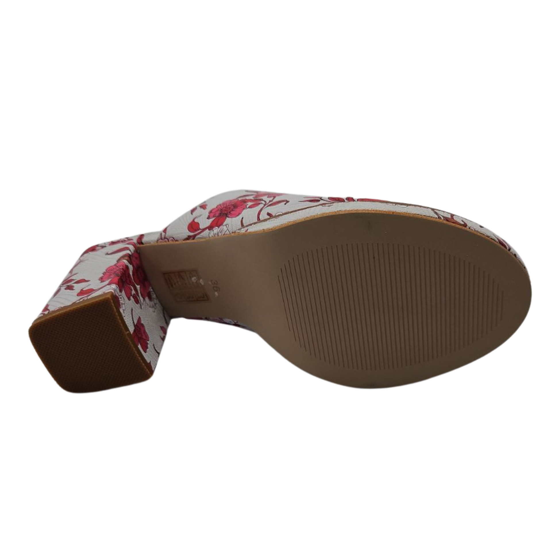 Bottom view of bold floral slip on sandal with wrapped block heel and cushioned footbed.