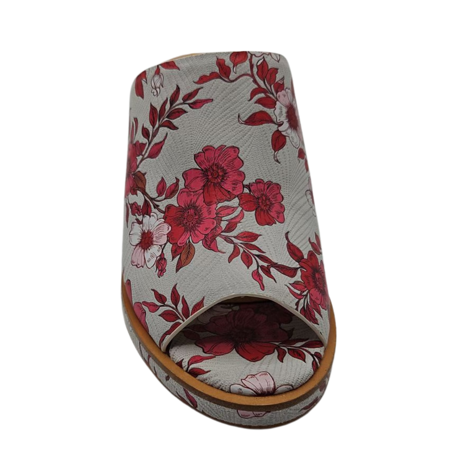 Front view of bold floral slip on sandal with wrapped block heel and cushioned footbed.
