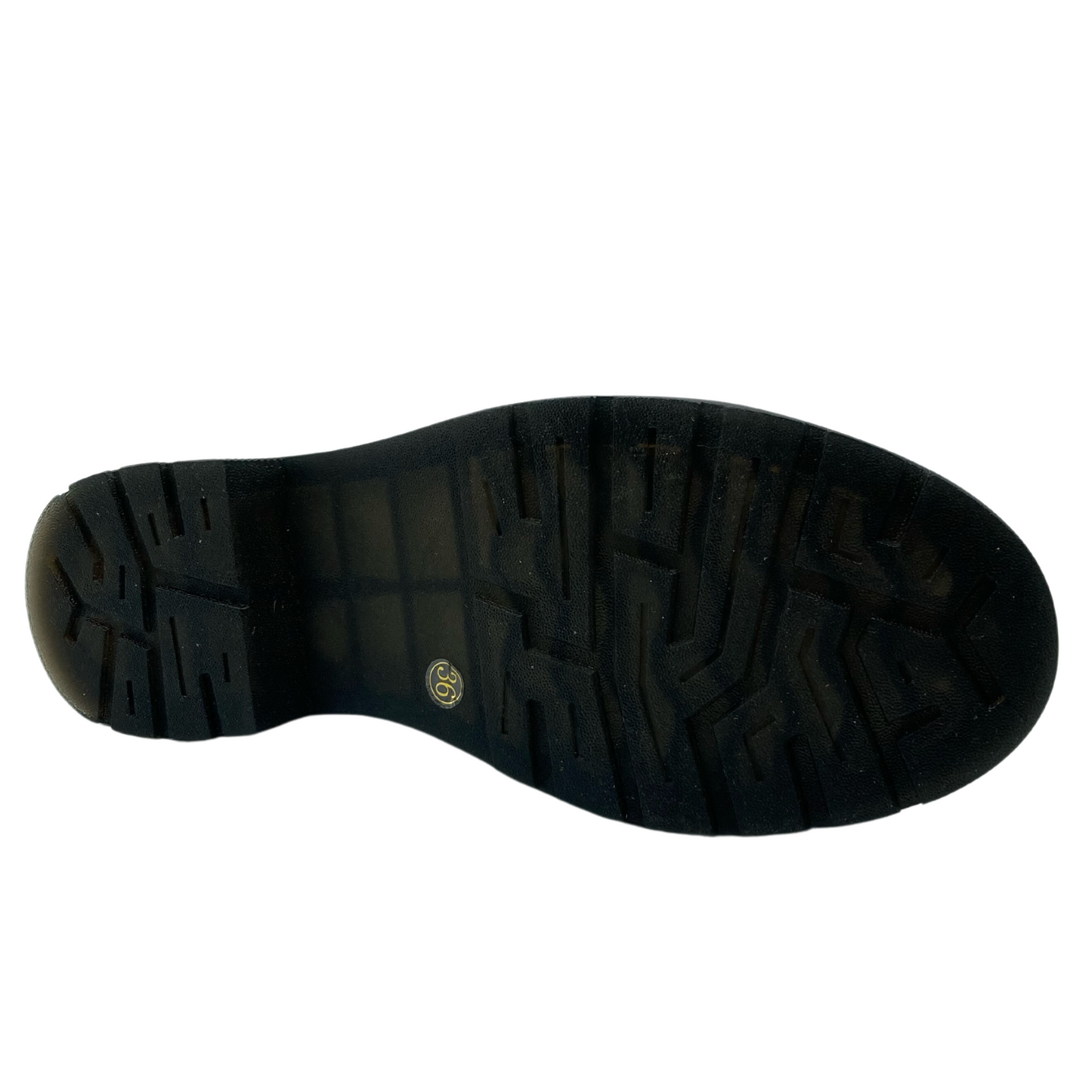 Bottom view of leather short boot with black rubber outsole