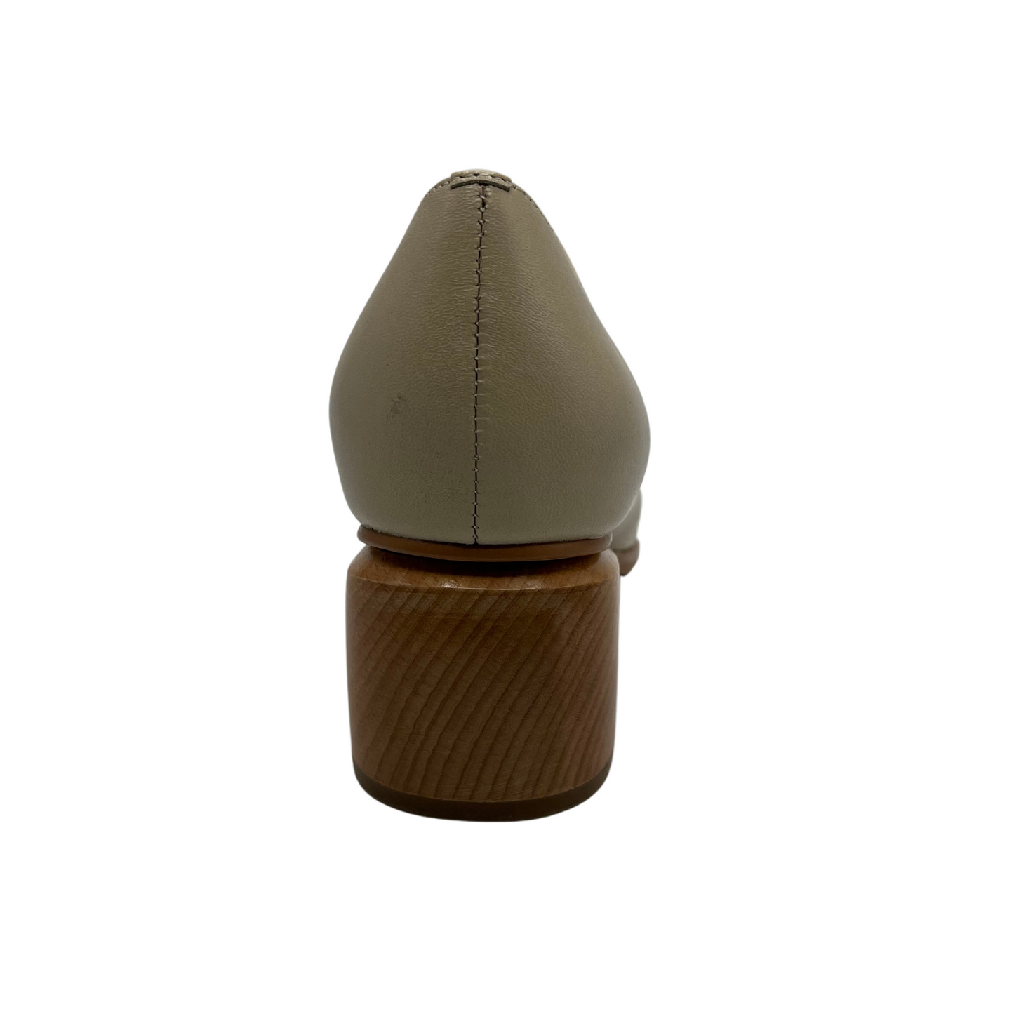 Back view of nude leather loafer with wood block heel and gold detail.