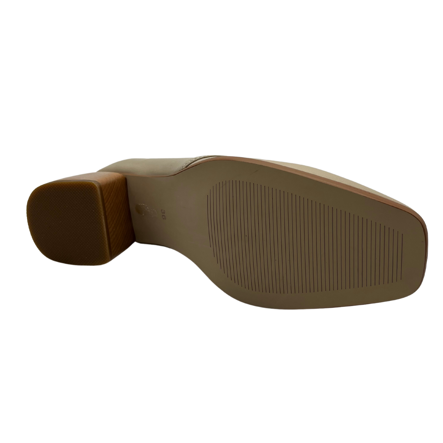 Bottom view of nude leather loafer with wood block heel and gold detail.