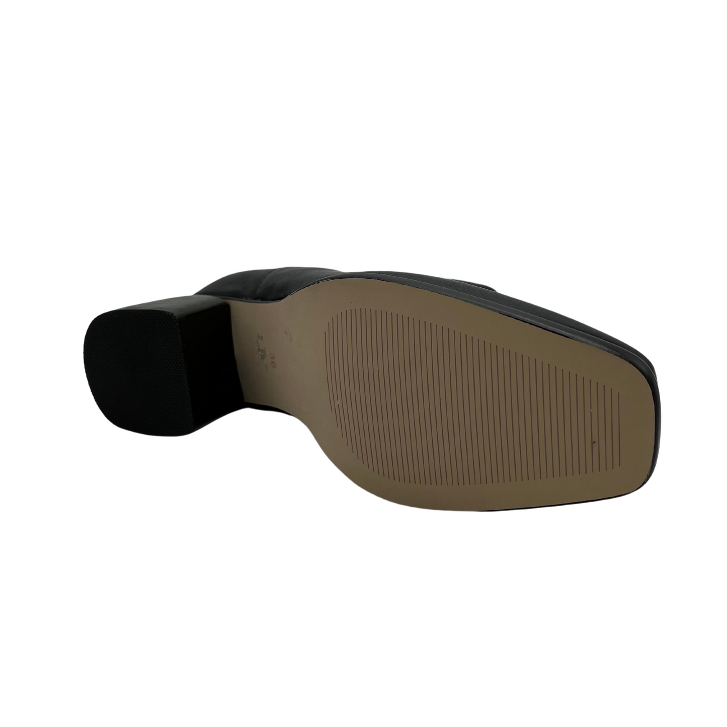 Bottom view of black olive leather short boot with sock knit side gore, block heel and slightly squared toe