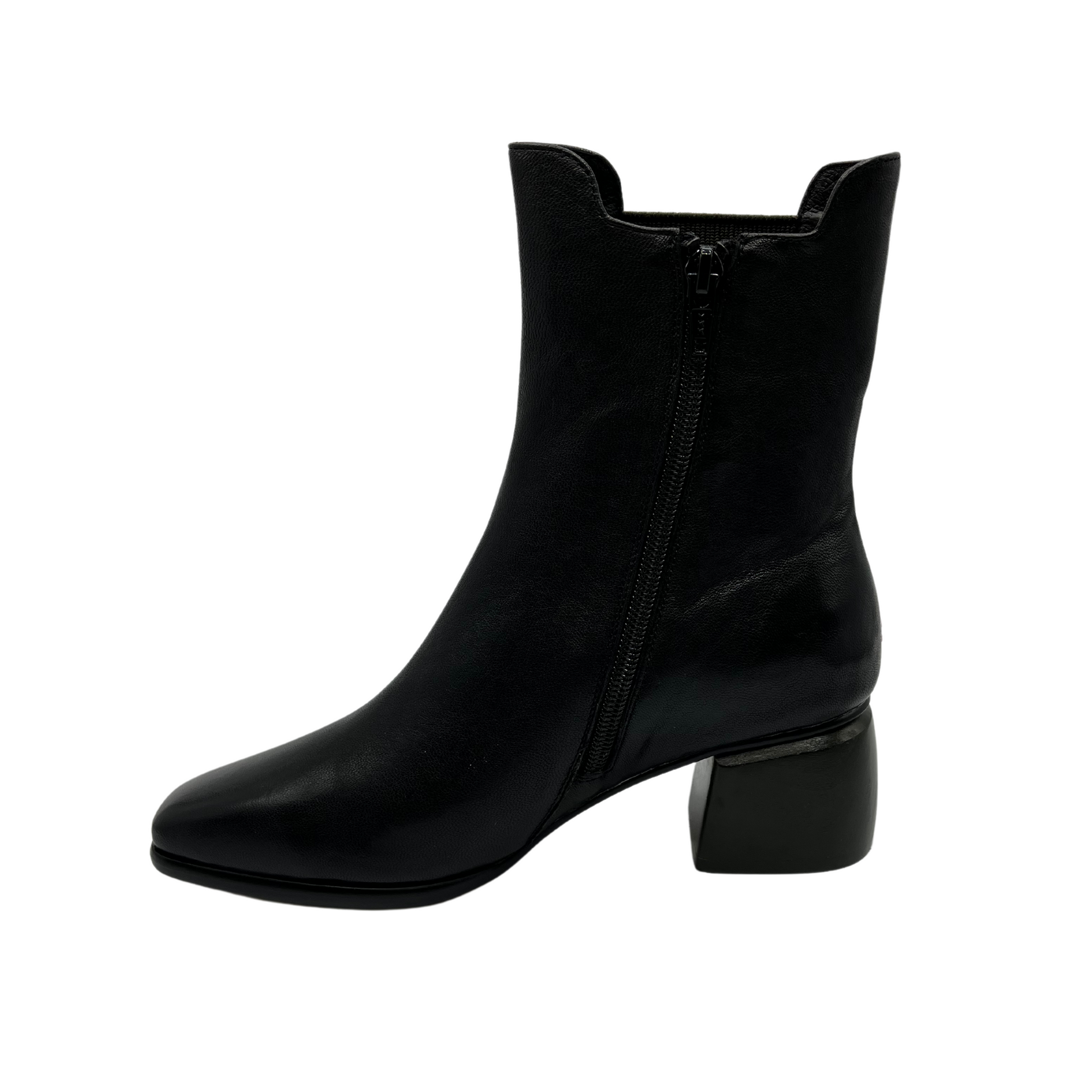 Left facing view of black olive leather short boot with sock knit side gore, side zipper, block heel and slightly squared toe