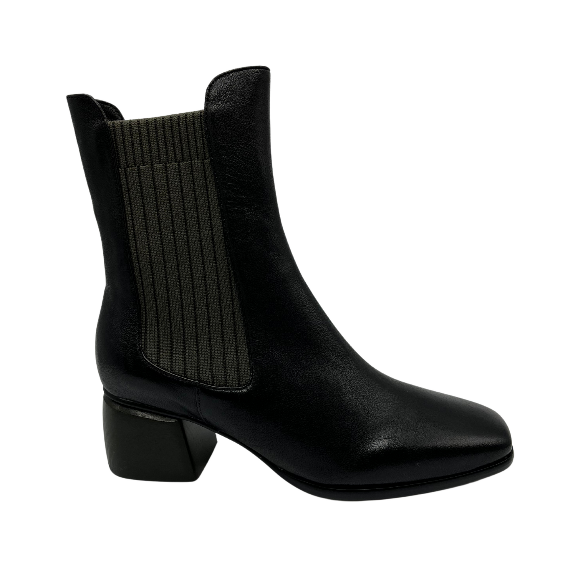 Right facing view of black olive leather short boot with sock knit side gore, block heel and slightly squared toe