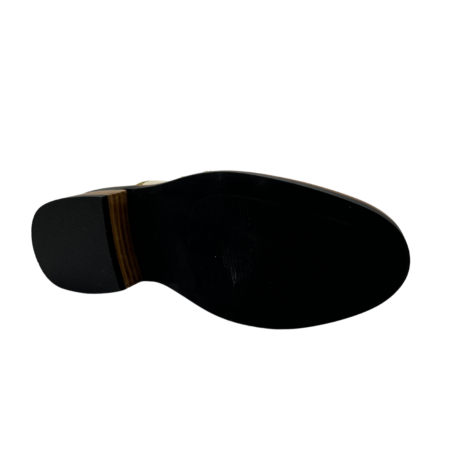 Bottom view of nude short boot with metallic gold accents. Adjustable ankle strap and short block heel.