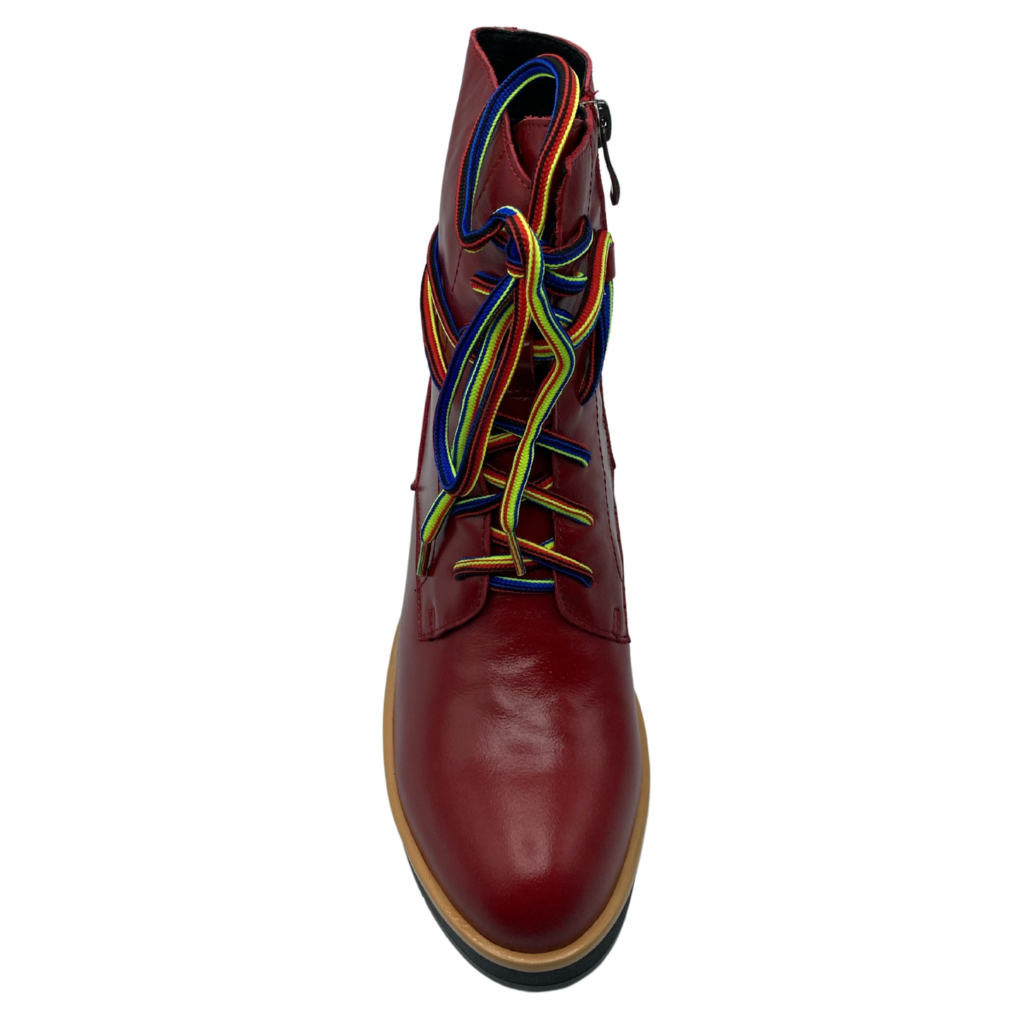 Top view of red leather short boot with rainbow laces and side zipper closure
