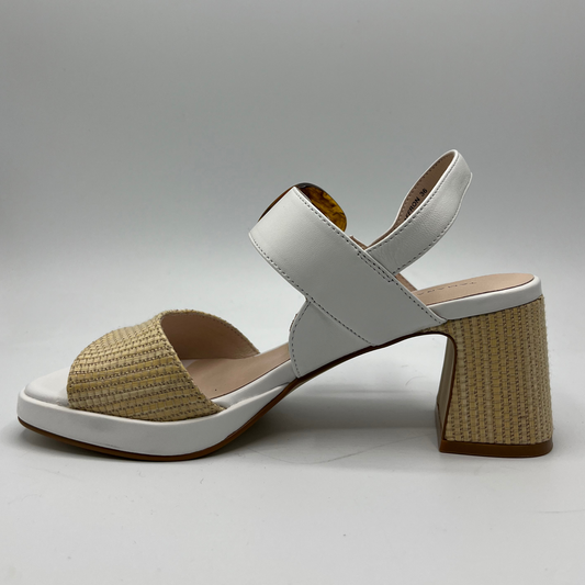 Left facing view of a white leather heeled sandal with a wrapped heel in a natural coloured weave matching with the toe strap.