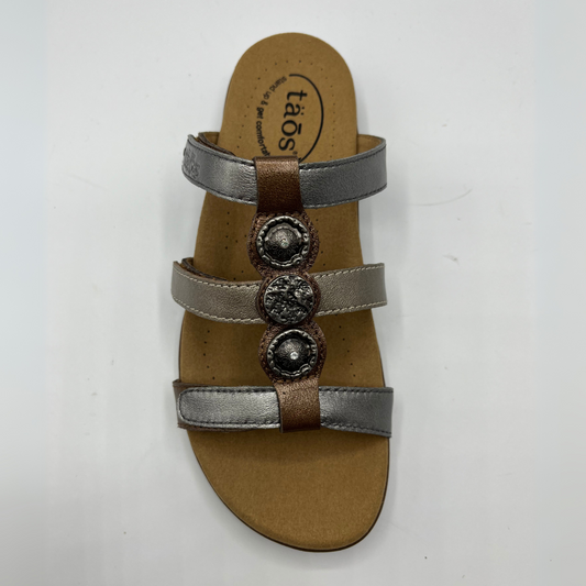 Top view of leather sandal with 3 straps and slip on style. Hook and loop closures on straps and lined anatomical footbed