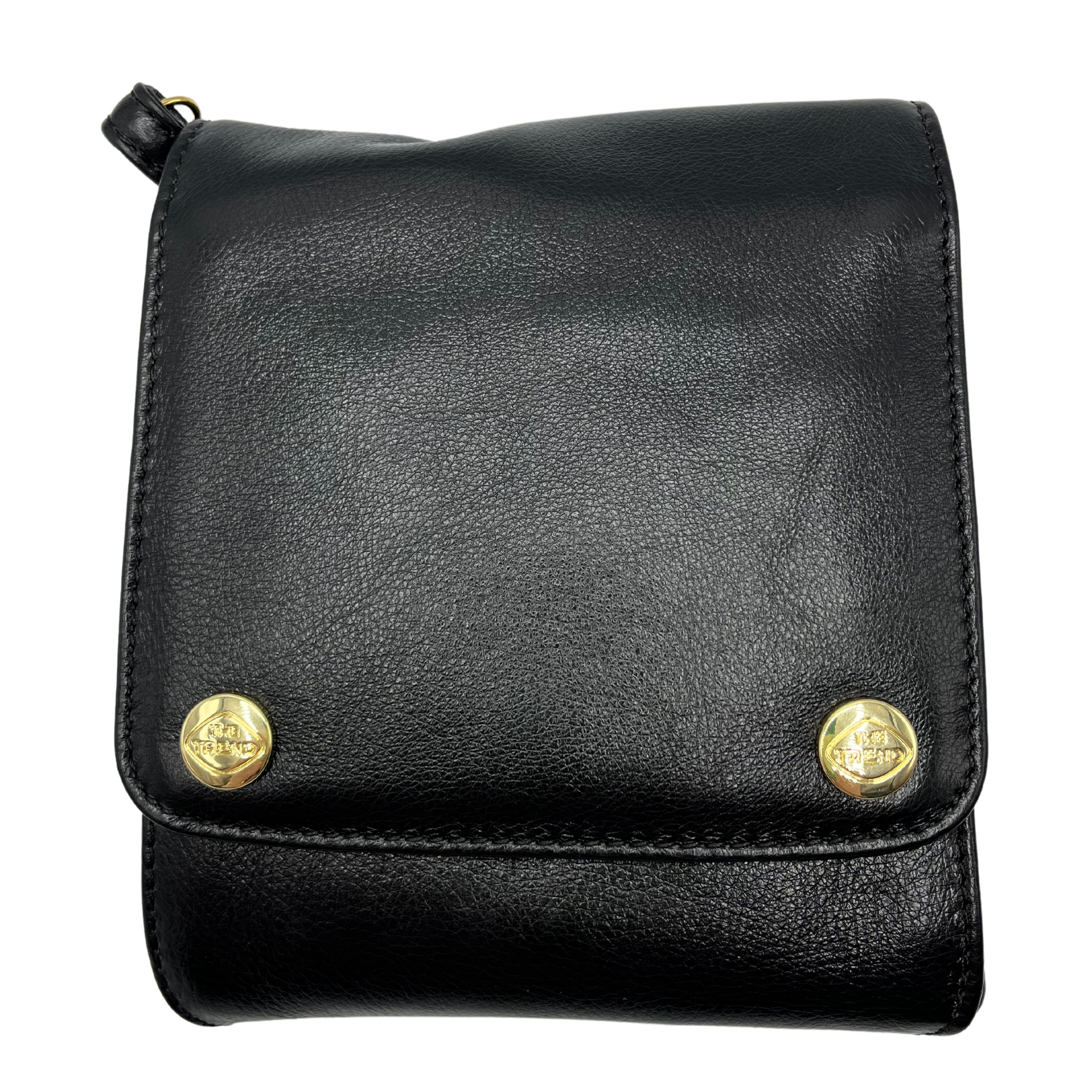A front view of a square black leather handbag with two gold snaps on the front.