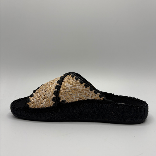 Black and woven sandal on a gray background