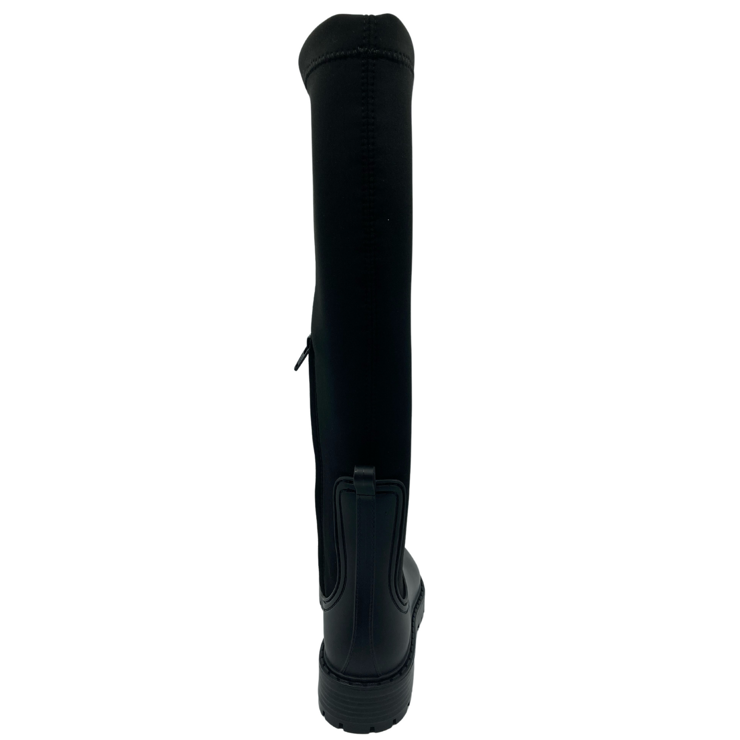 Back view of black tall boot with rubber sole and lycra shaft