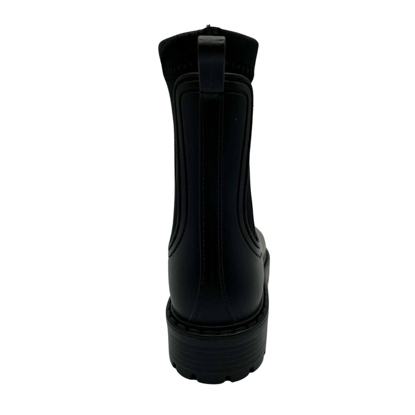 Back view of rubber and neoprene ankle boot. Black upper and matching black rubber outsole.
