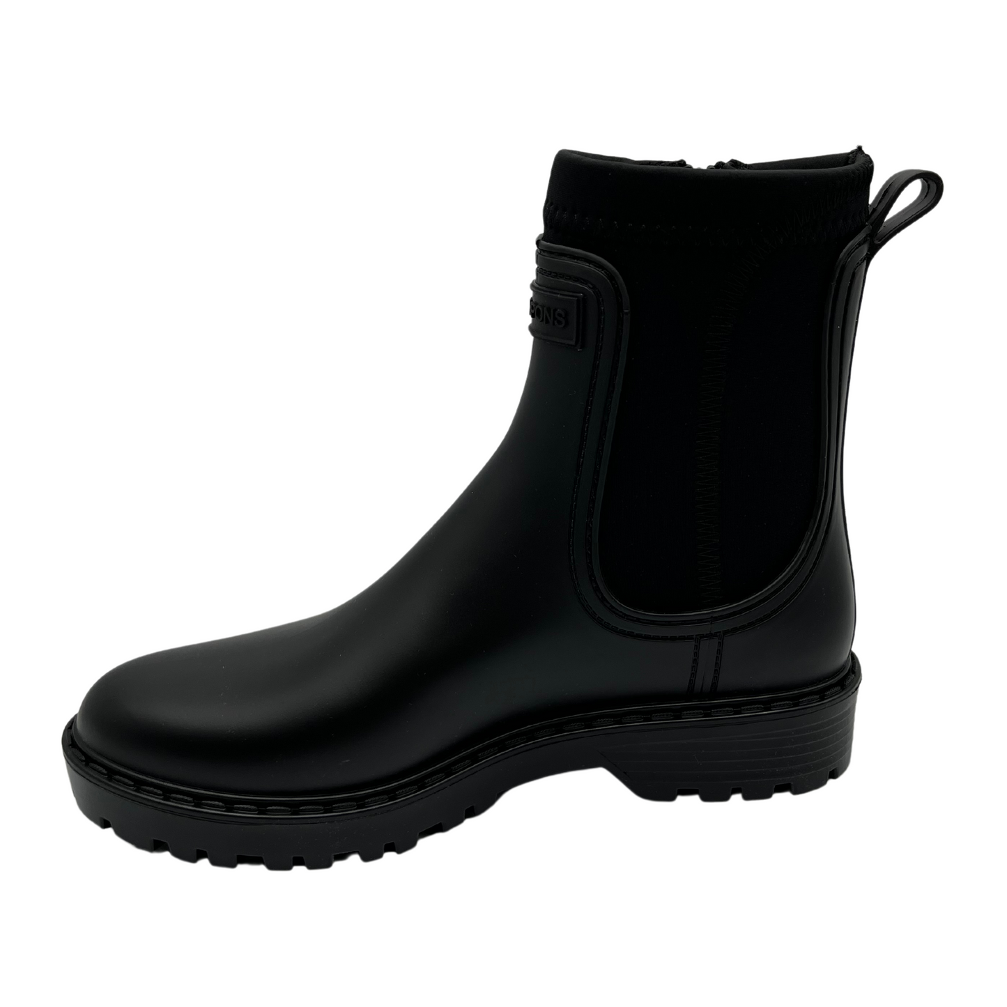 Left facing view of rubber and neoprene ankle boot. Black upper and matching black rubber outsole.